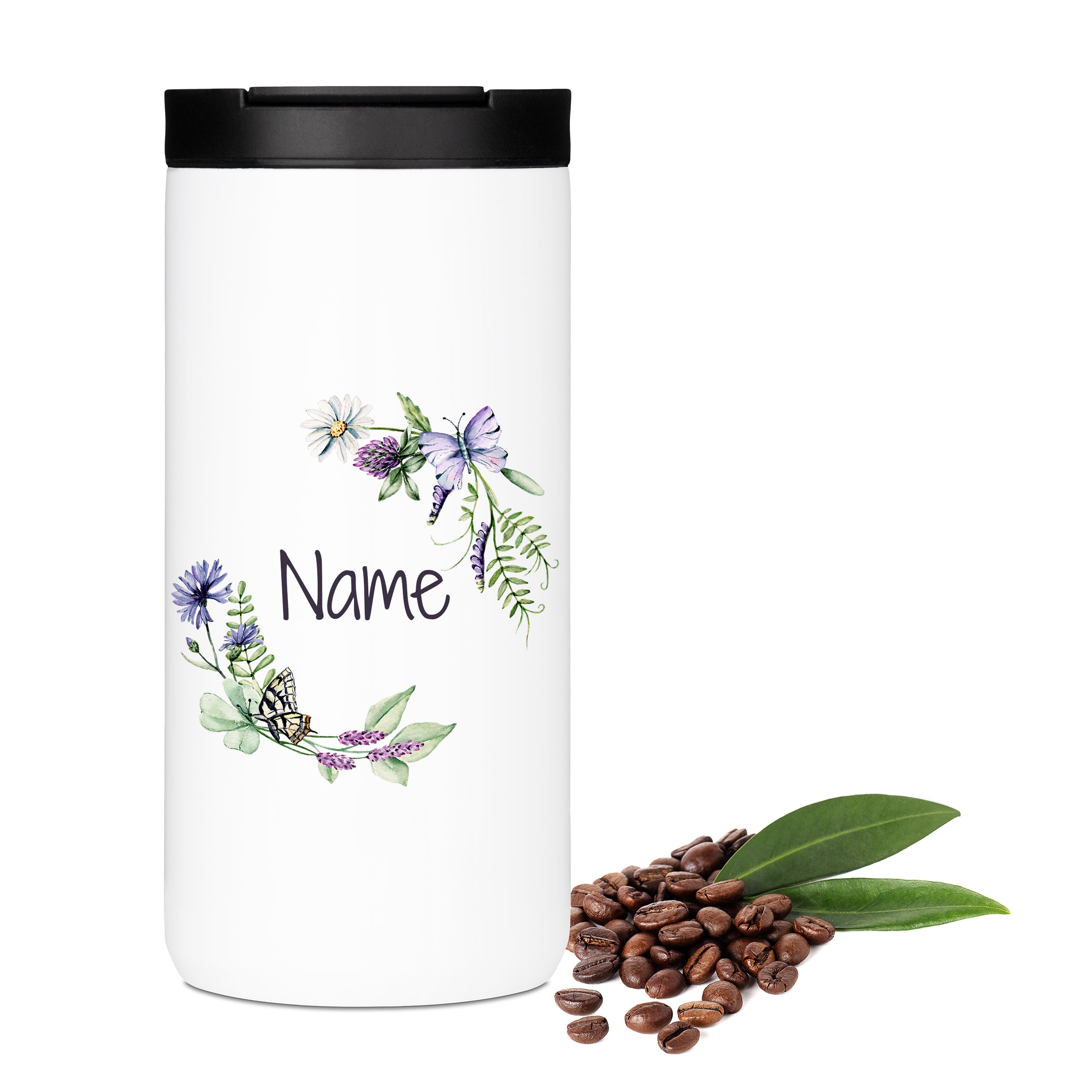 Weißer Kaffeebecher mit Blumenmuster und personalisierbarem Namen.