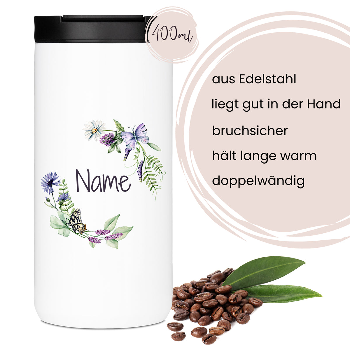 Edelstahlbecher, weiß mit floralem Design, 400 ml.