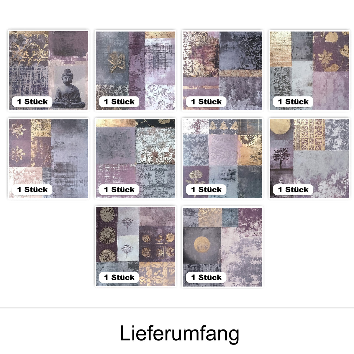 Dekorative Wandpaneele in lila und gold mit verschiedenen Mustern.