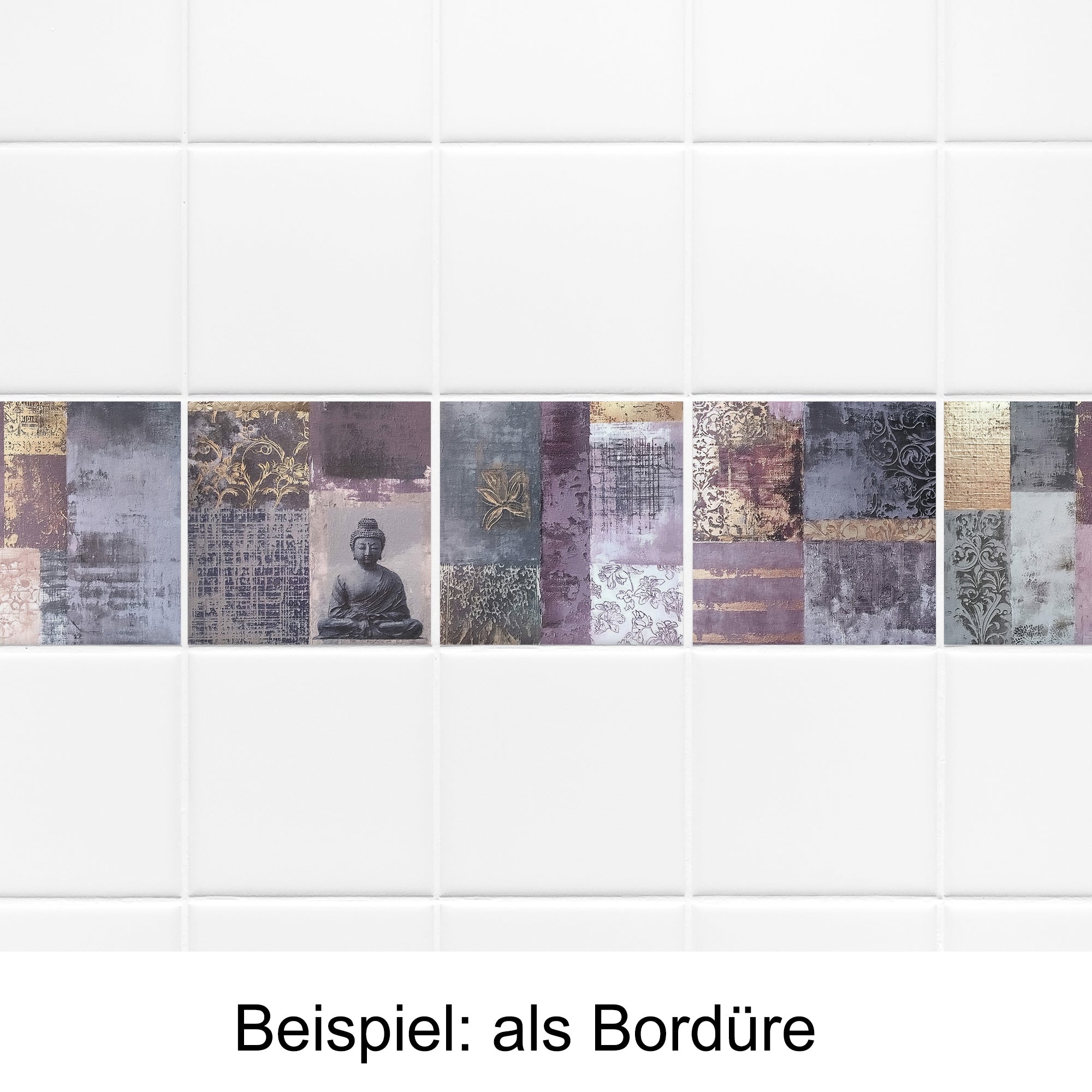 Bunte Fliesenbordüre mit Buddha-Motiv und goldenen Akzenten.