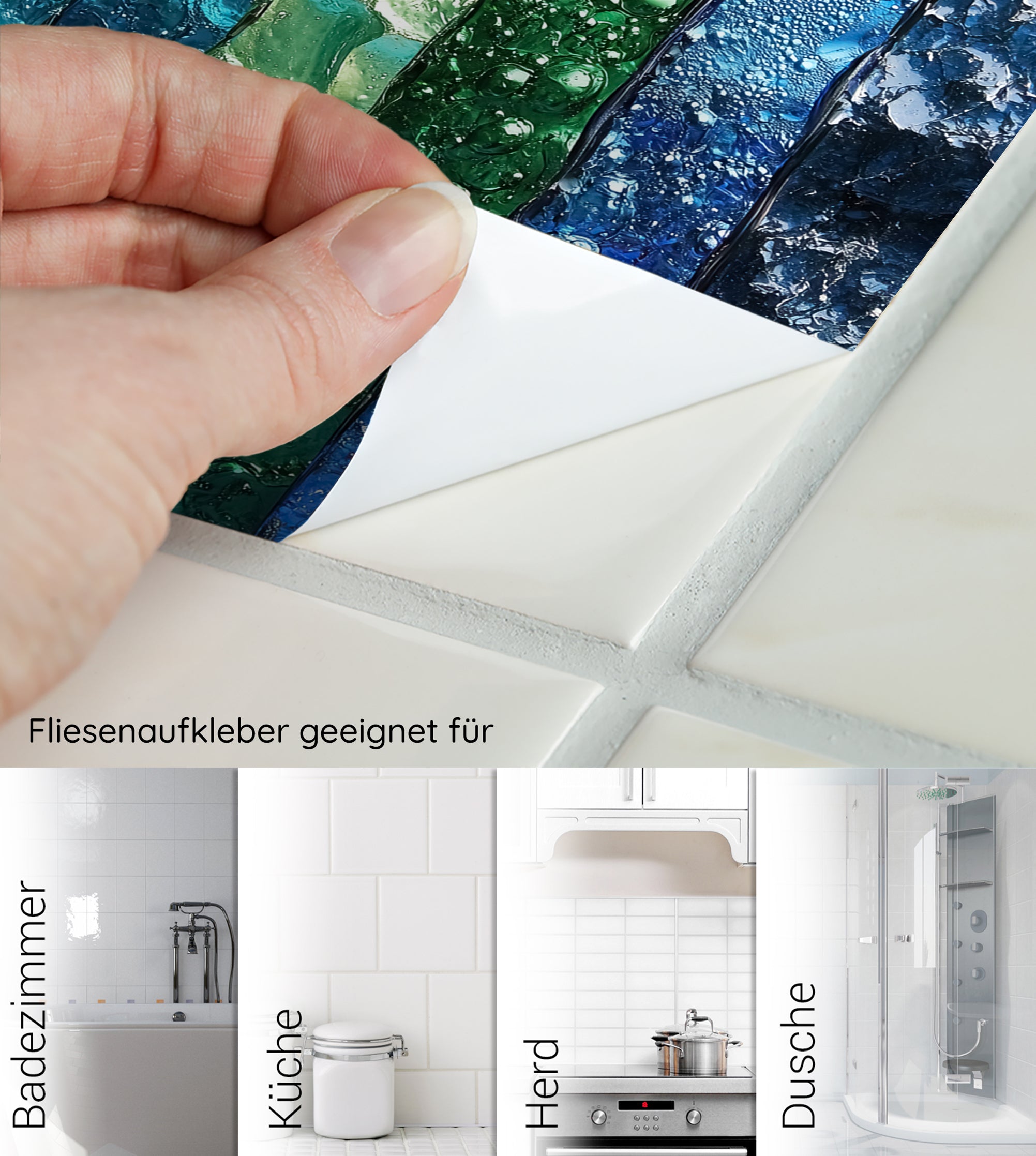Fliesenaufkleber in Blau- und Grüntönen für Badezimmer.