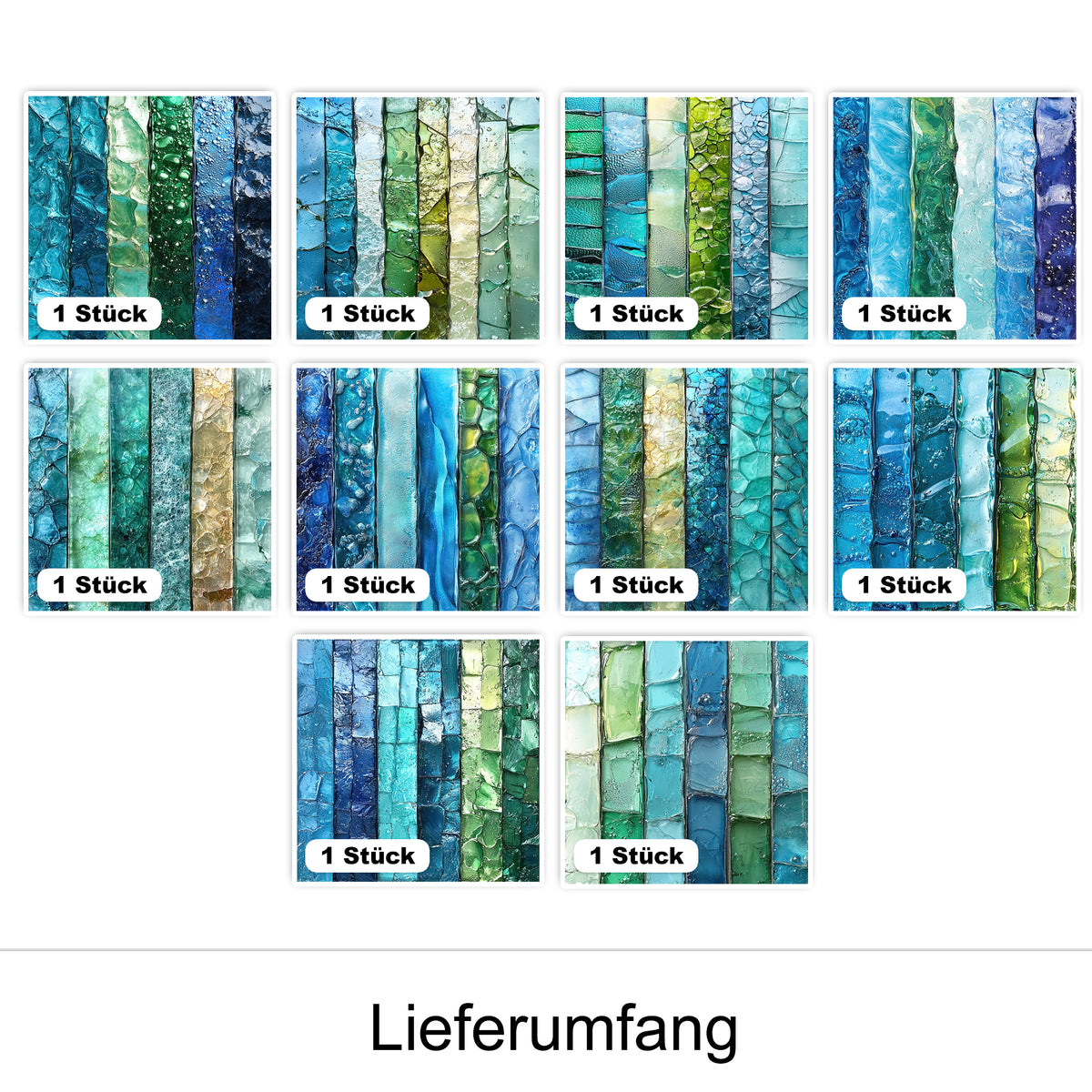 Bunte Mosaikfliesen in Blau- und Grüntönen, 10 Stück.