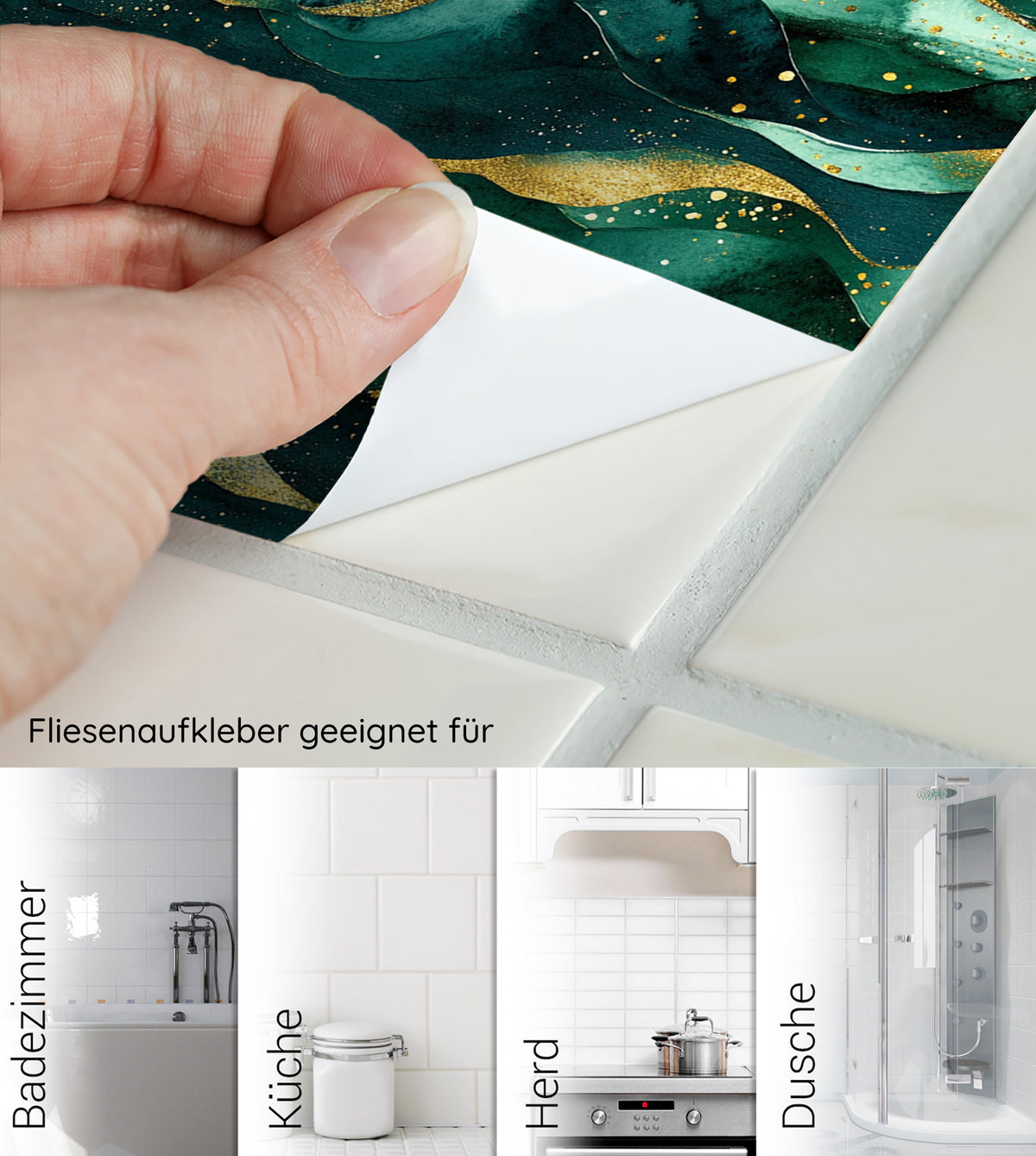 Fliesenaufkleber in grün mit goldenen Akzenten.