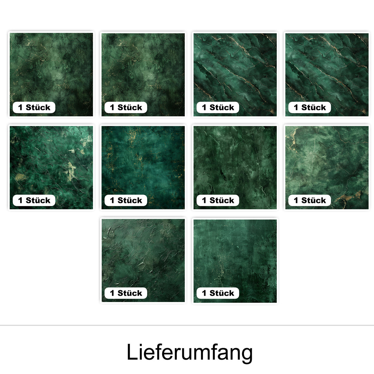Grüne Marmorplatten mit verschiedenen Texturen und Mustern.