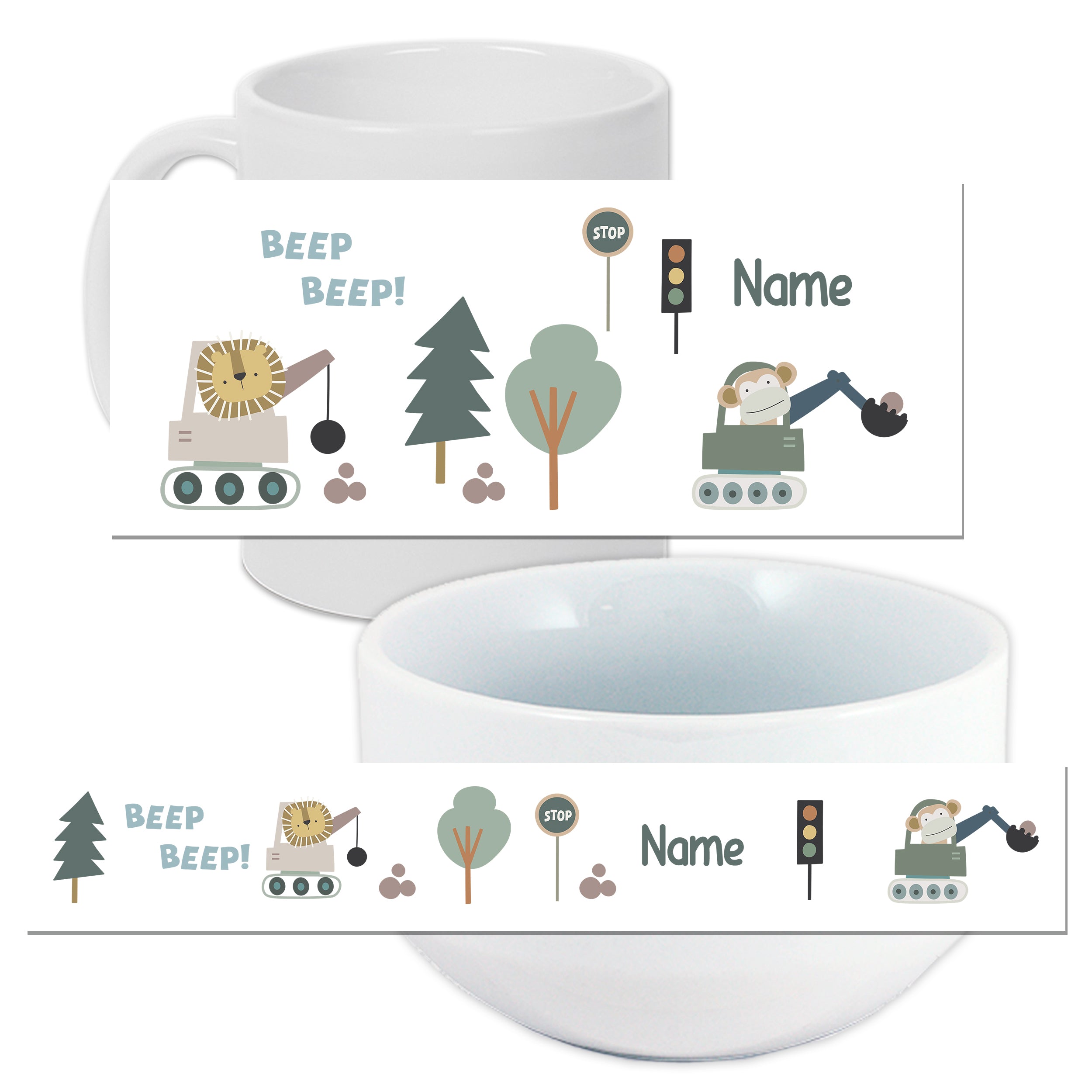 Weißer Becher und Schüssel mit kindlichem Baustellenmotiv.