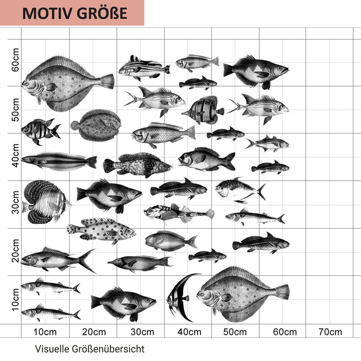 Größenübersicht für Wandtattoo mit schwarzen Fischen