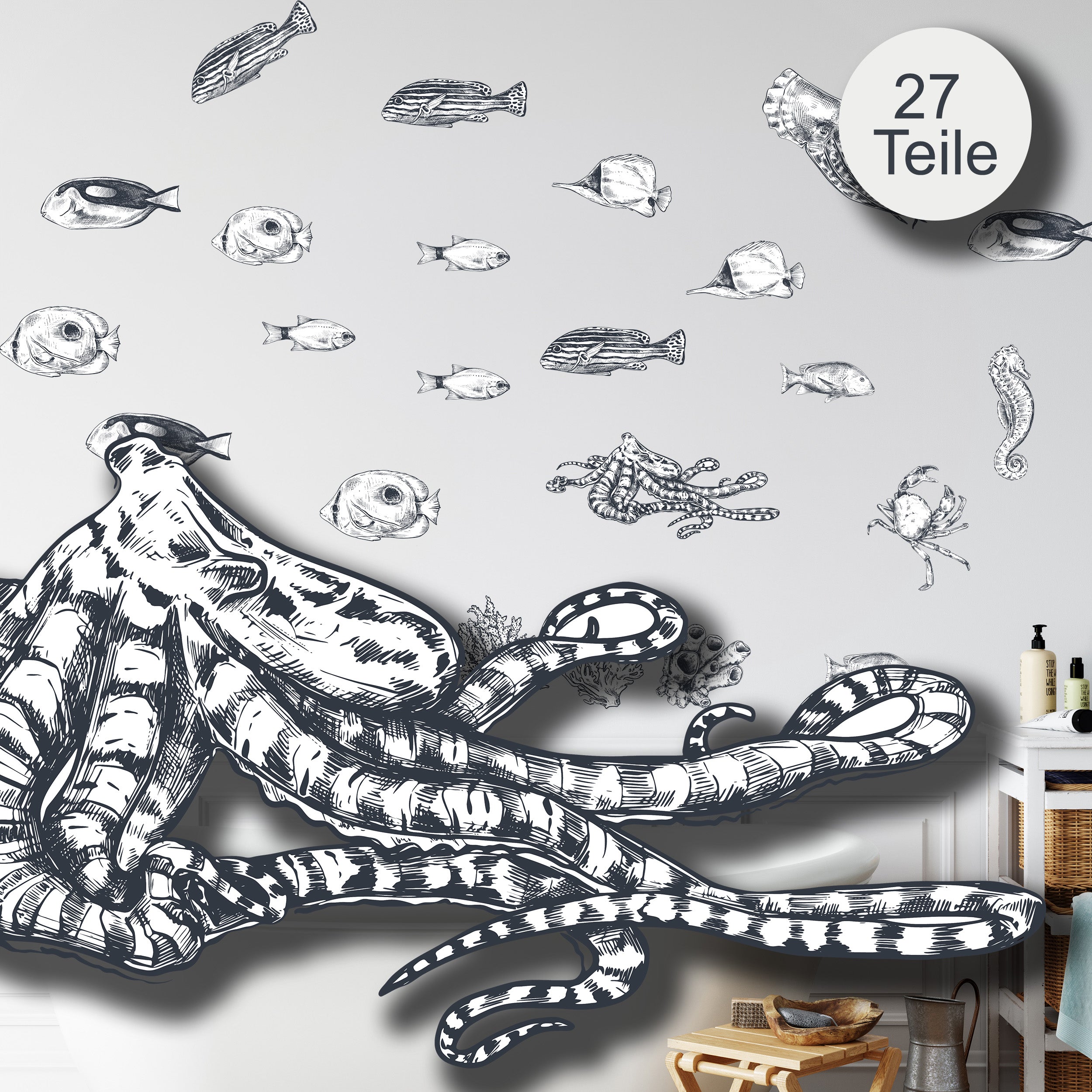 Wandtattoo mit Meeresbewohnern und Oktopus im Badezimmer