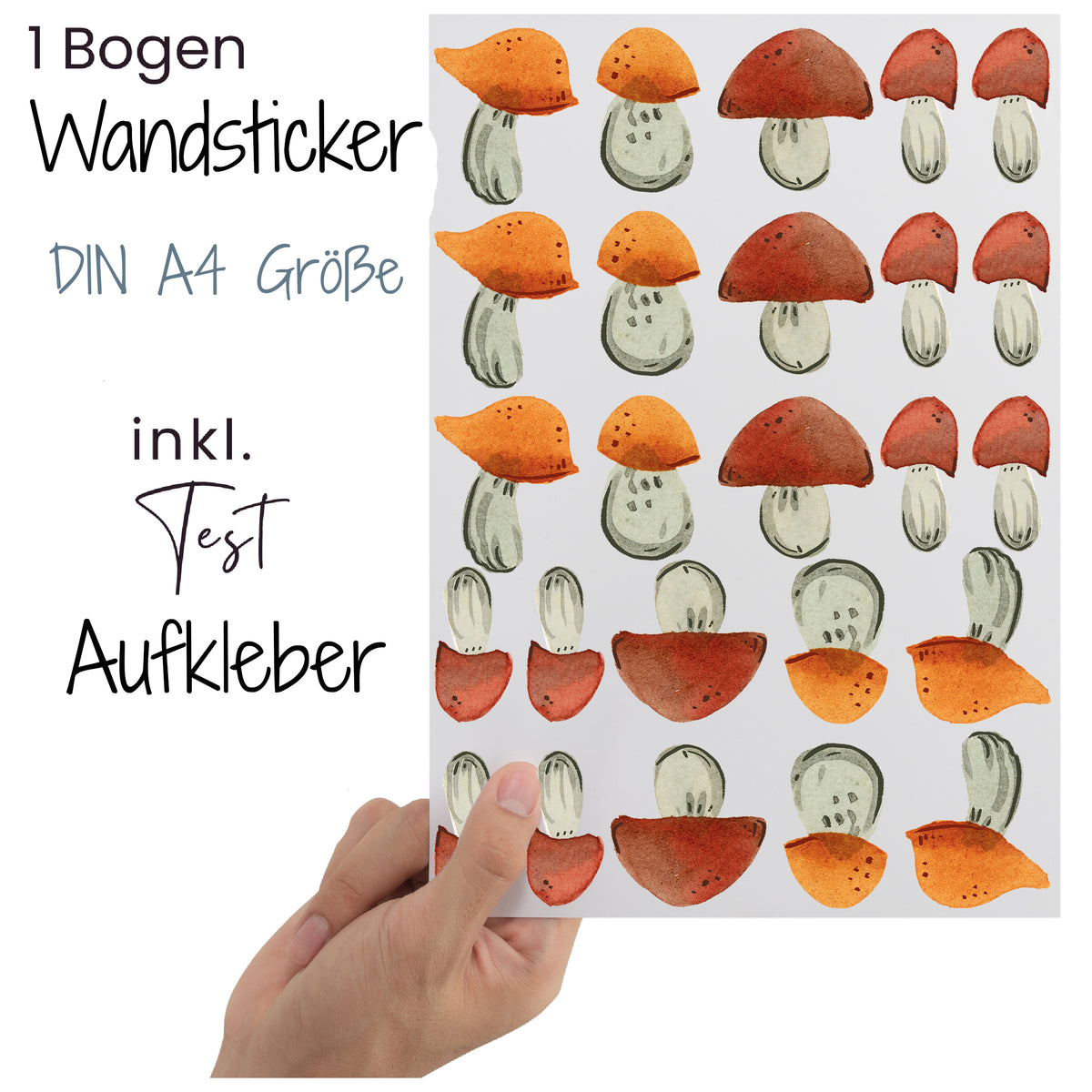 Wandsticker mit bunten Pilzen, DIN A4, inkl. Testaufkleber.
