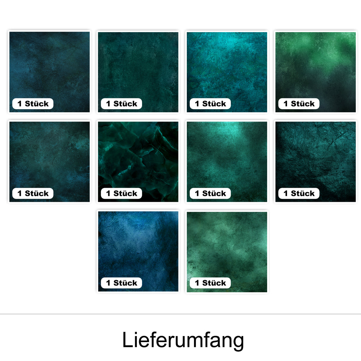 Zehn verschiedene grüne und blaue Texturen.