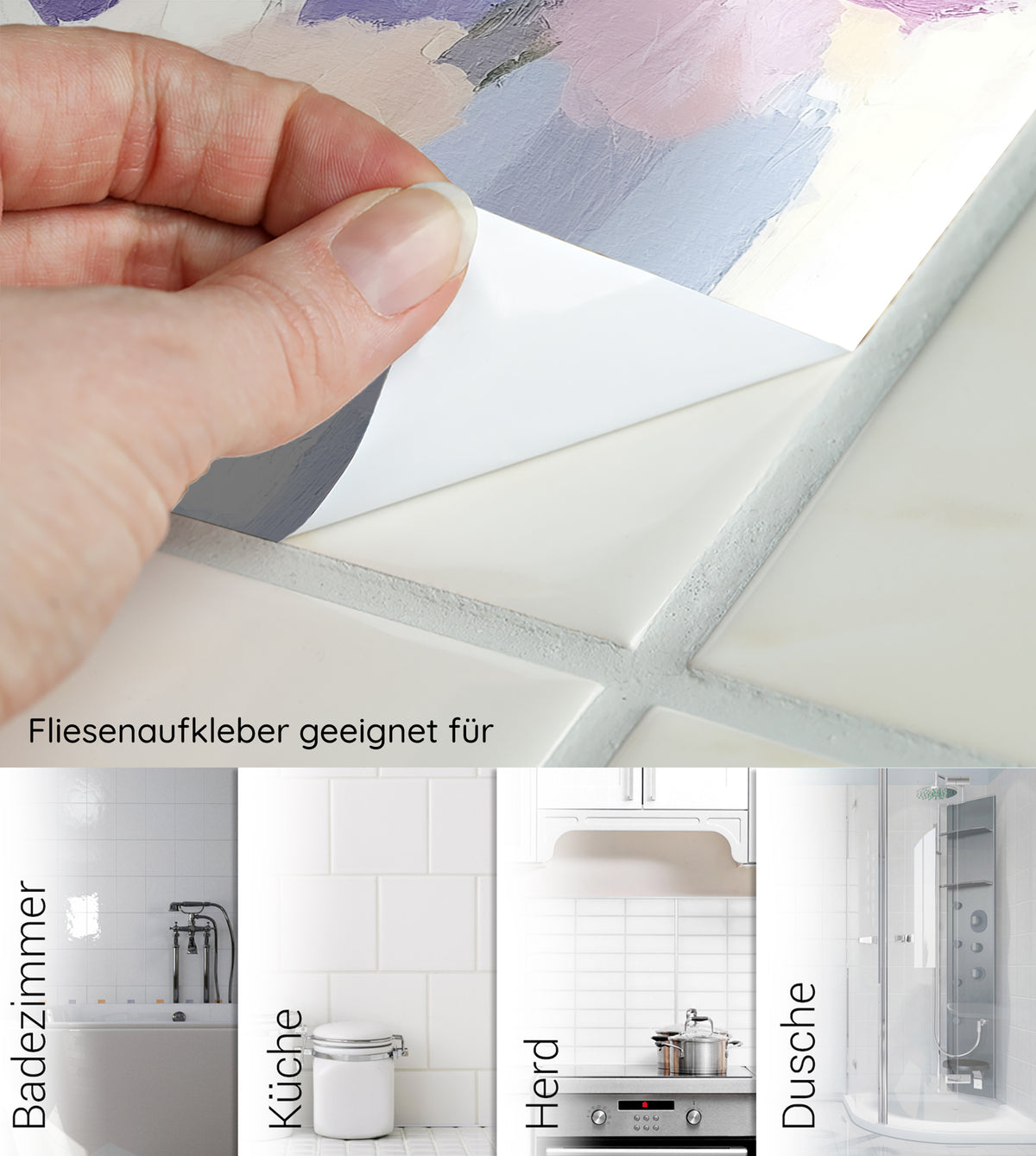 Fliesenaufkleber in Pastellfarben für Badezimmer, Küche und Dusche.