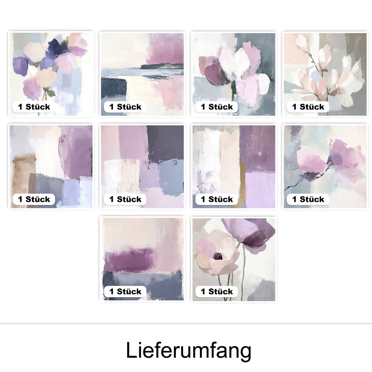 Abstrakte Kunst in Lila- und Pastelltönen, verschiedene Designs.
