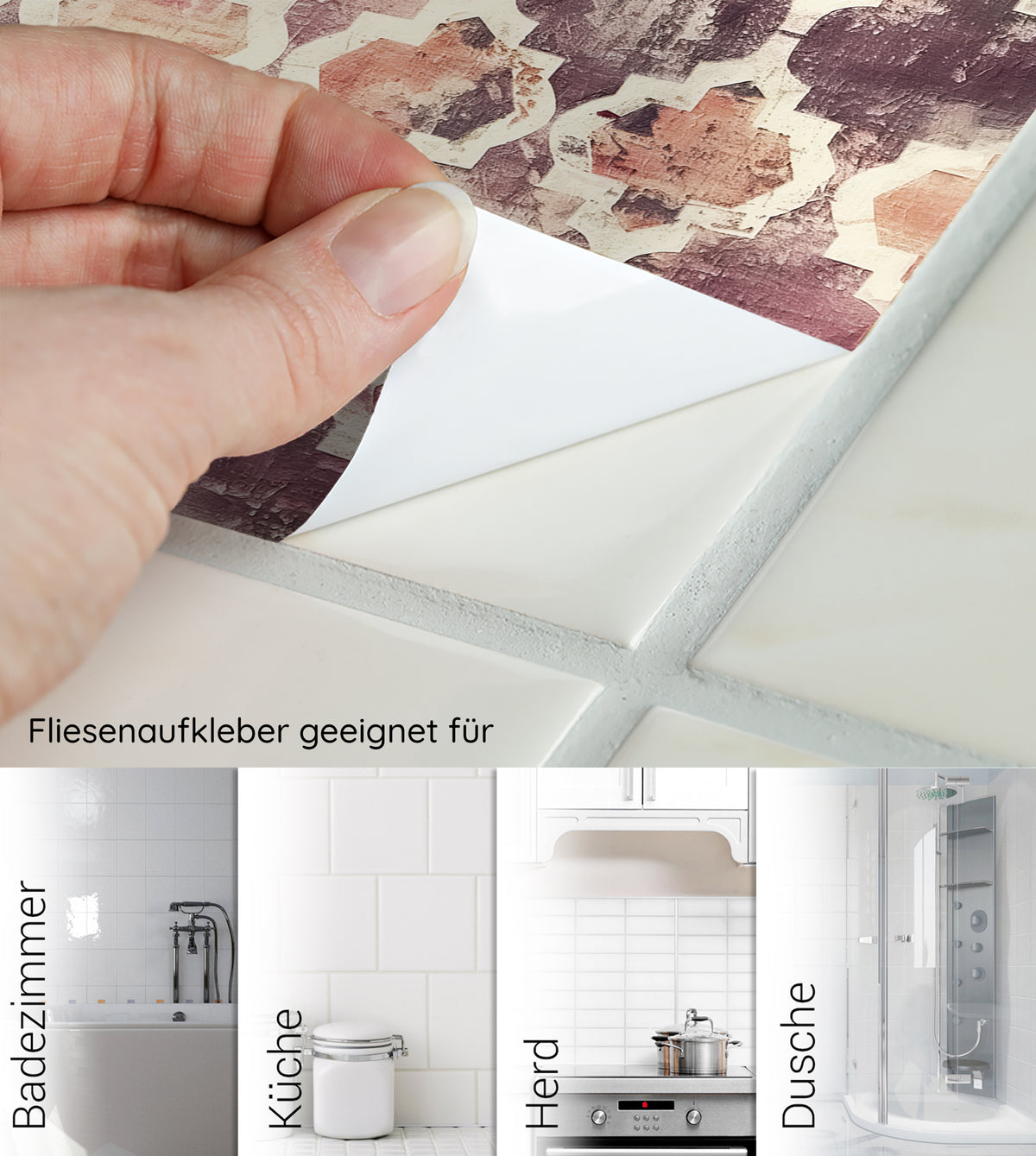 Fliesenaufkleber in warmen Farben für Badezimmer und Küche.