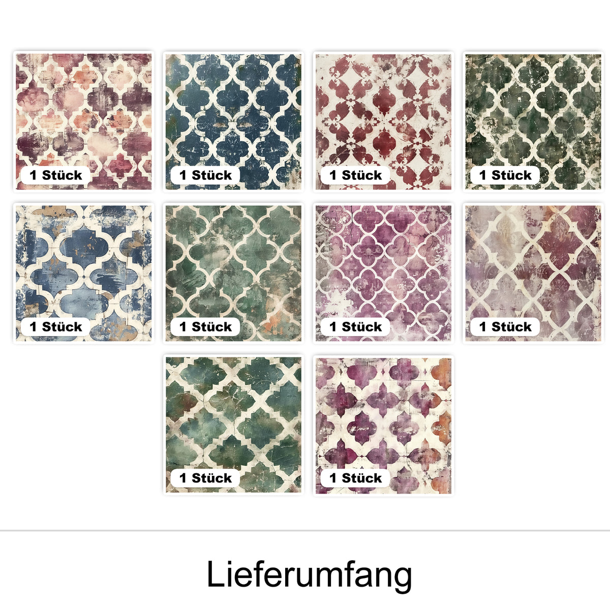 Musterfliesen in verschiedenen Farben und Designs, 10 Stück.