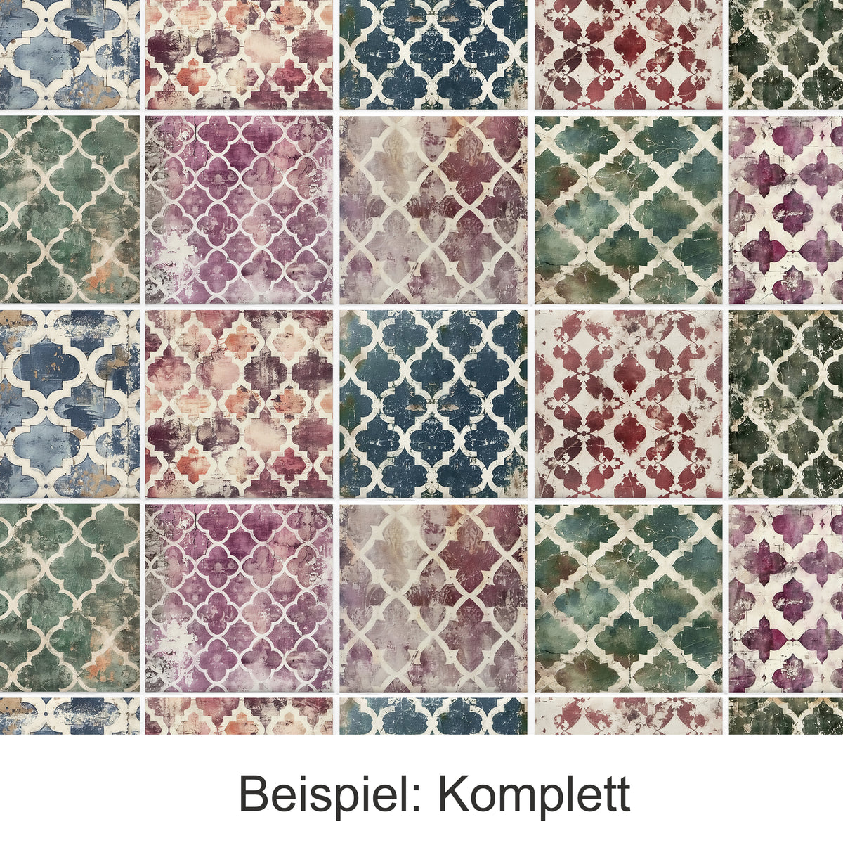 Bunte Fliesenmuster in Grün, Blau, Rot und Lila.