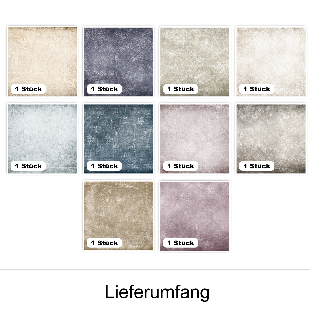 Zehn verschiedene farbige Texturen in quadratischen Feldern.