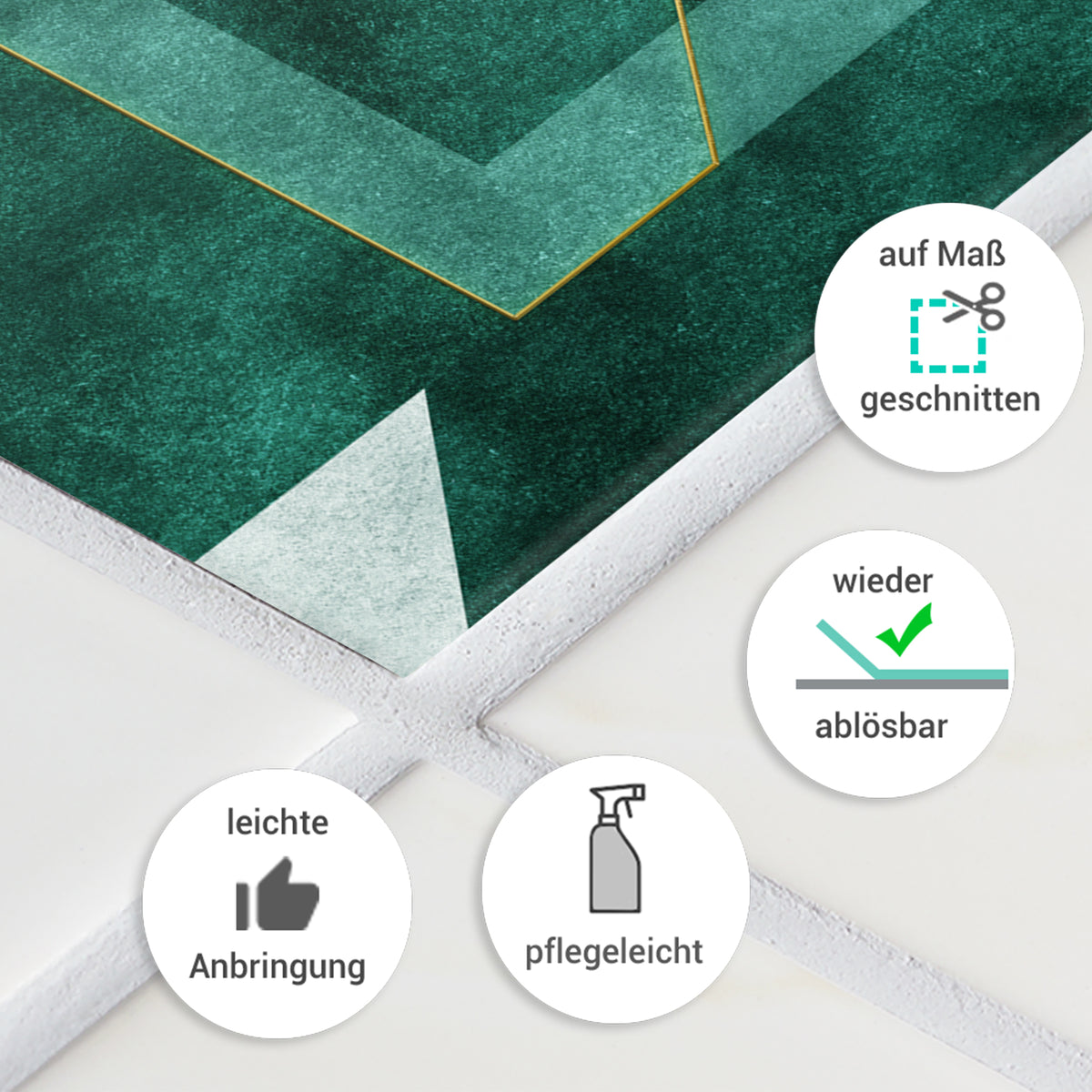 Grüner Teppich mit geometrischem Muster, pflegeleicht und ablösbar.
