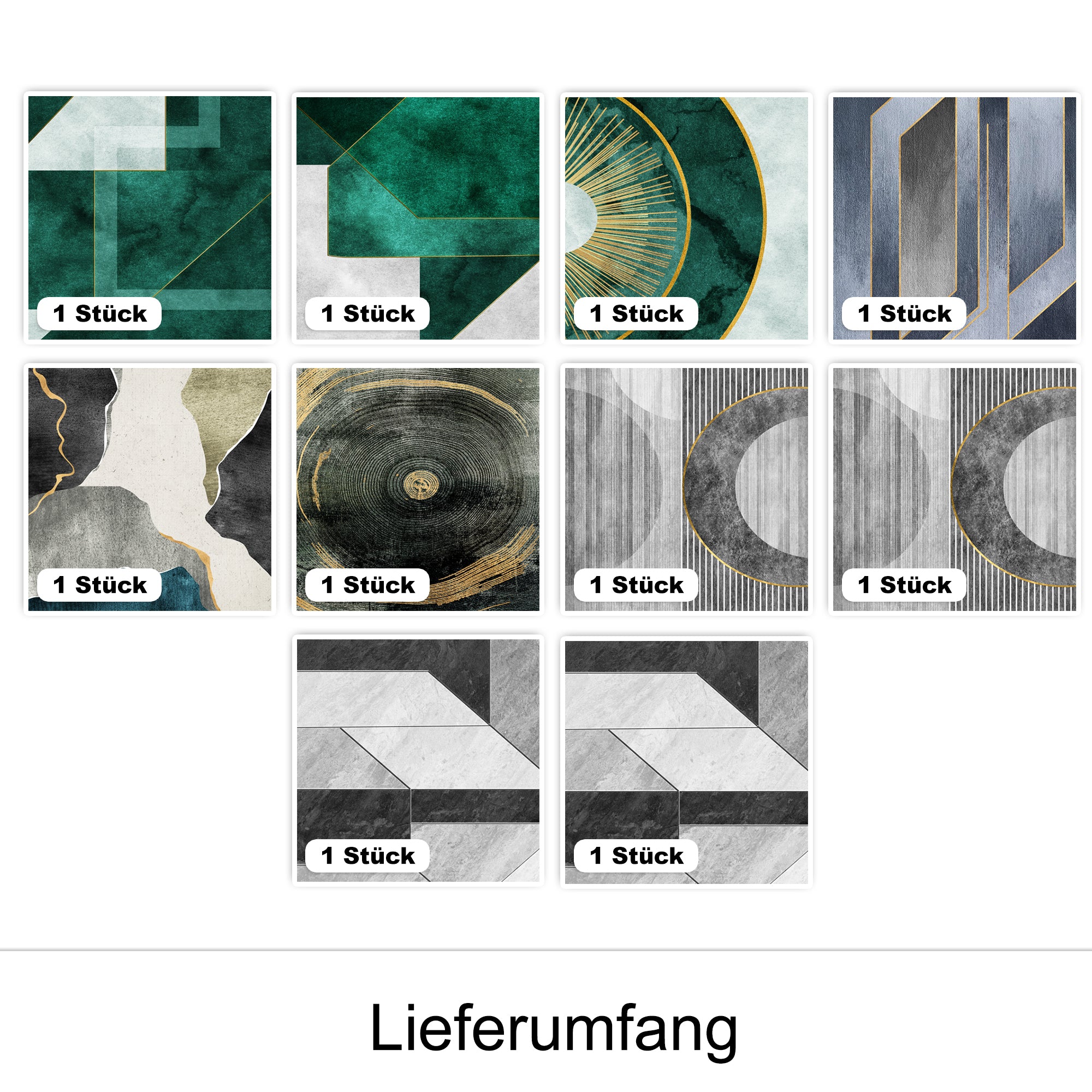 Geometrische Wandbilder in Grün, Blau, Schwarz und Gold.