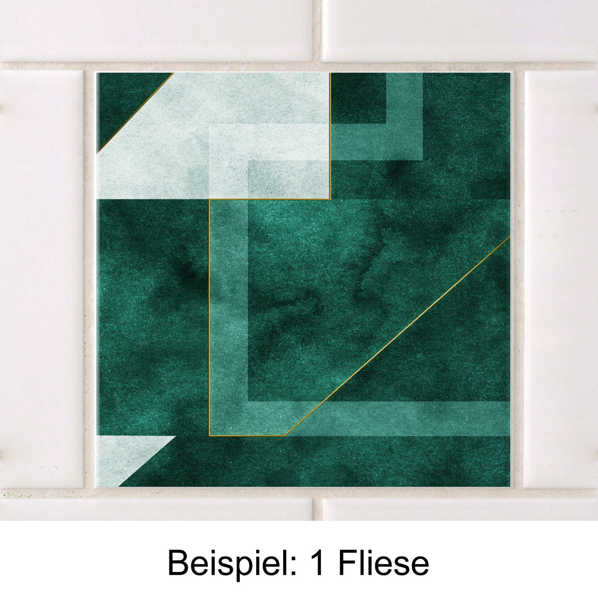 Grüne Fliese mit geometrischem Muster und goldenen Akzenten.