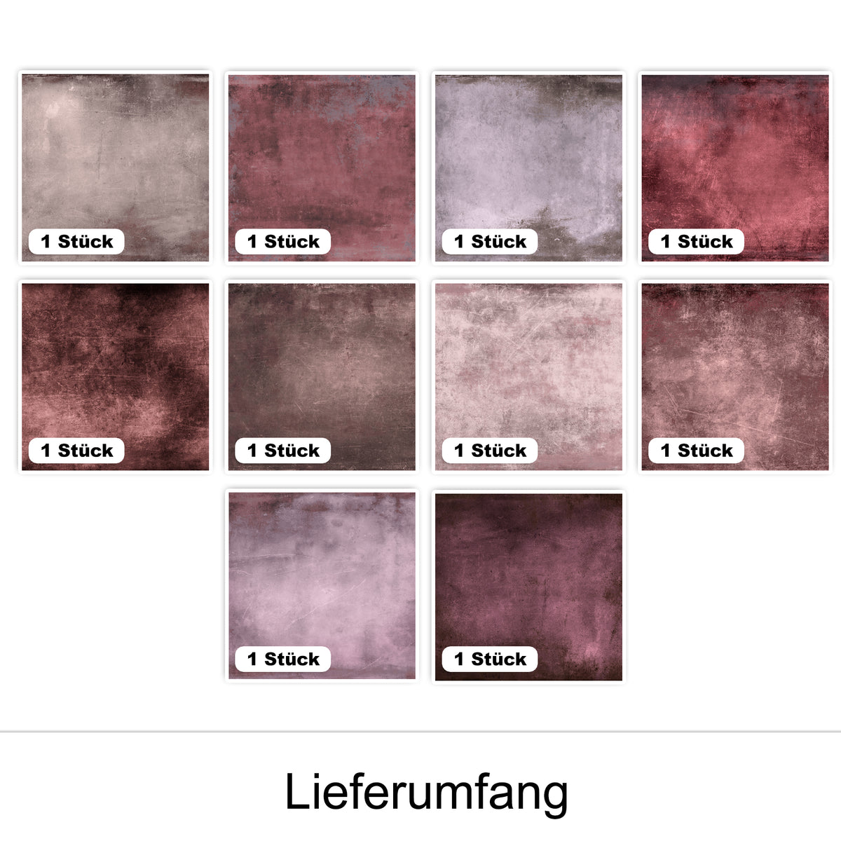 Farbige Texturen in Grau, Lila und Rot, 10 Stück.