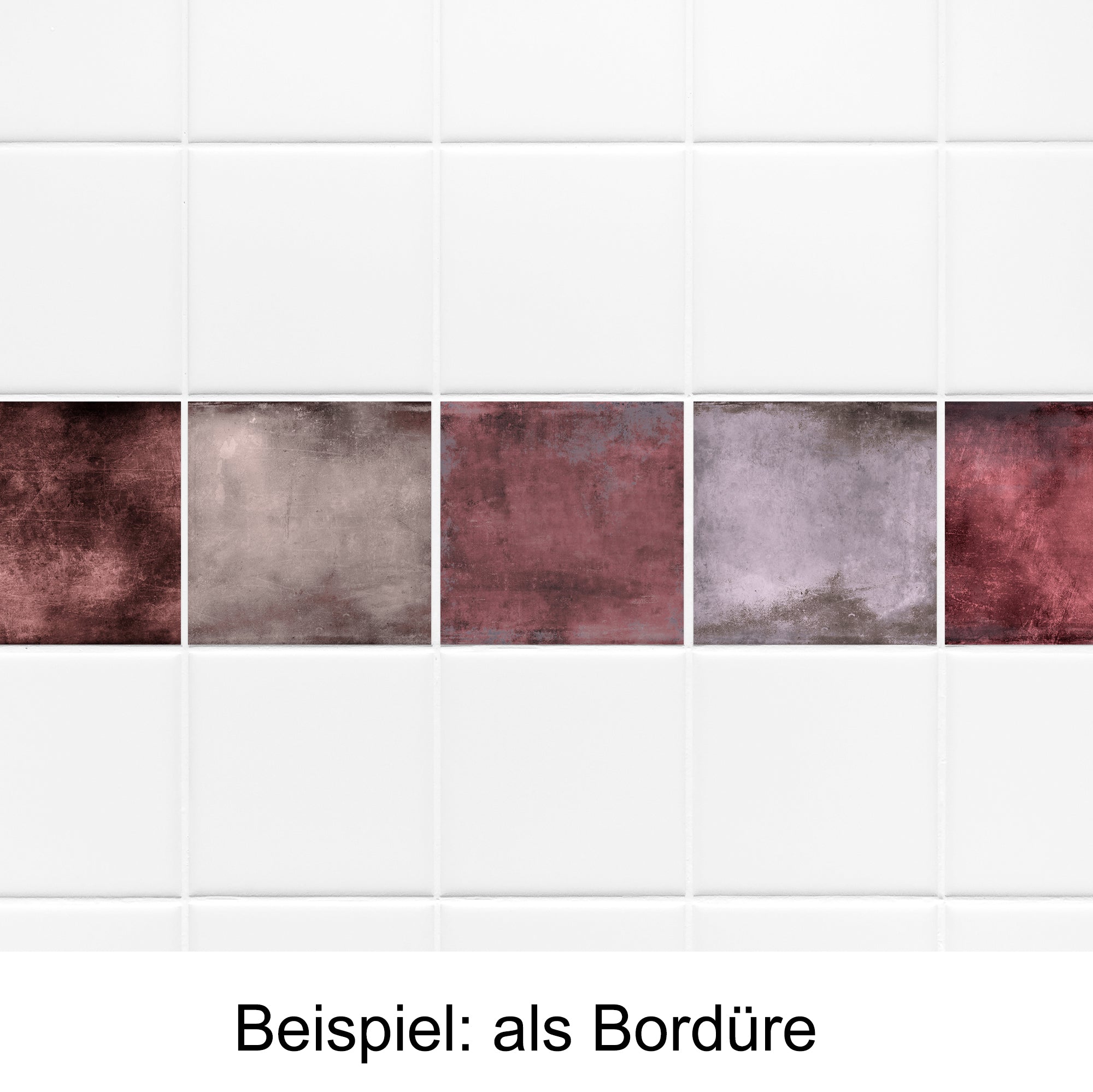 Bordüre in Rot- und Grautönen, glänzende Fliesen.