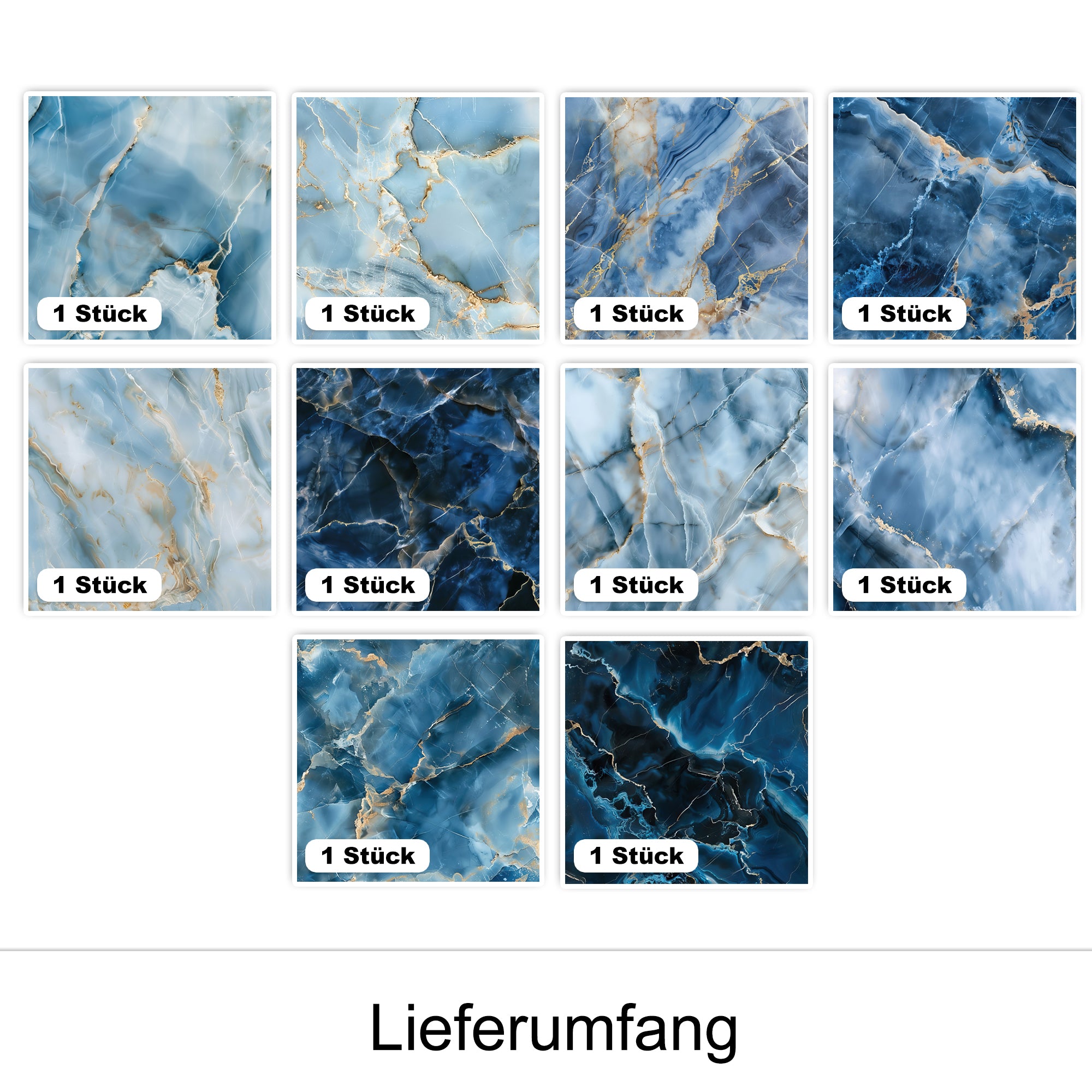 Marmorierte Fliesen in Blau- und Grautönen, 10 Stück.