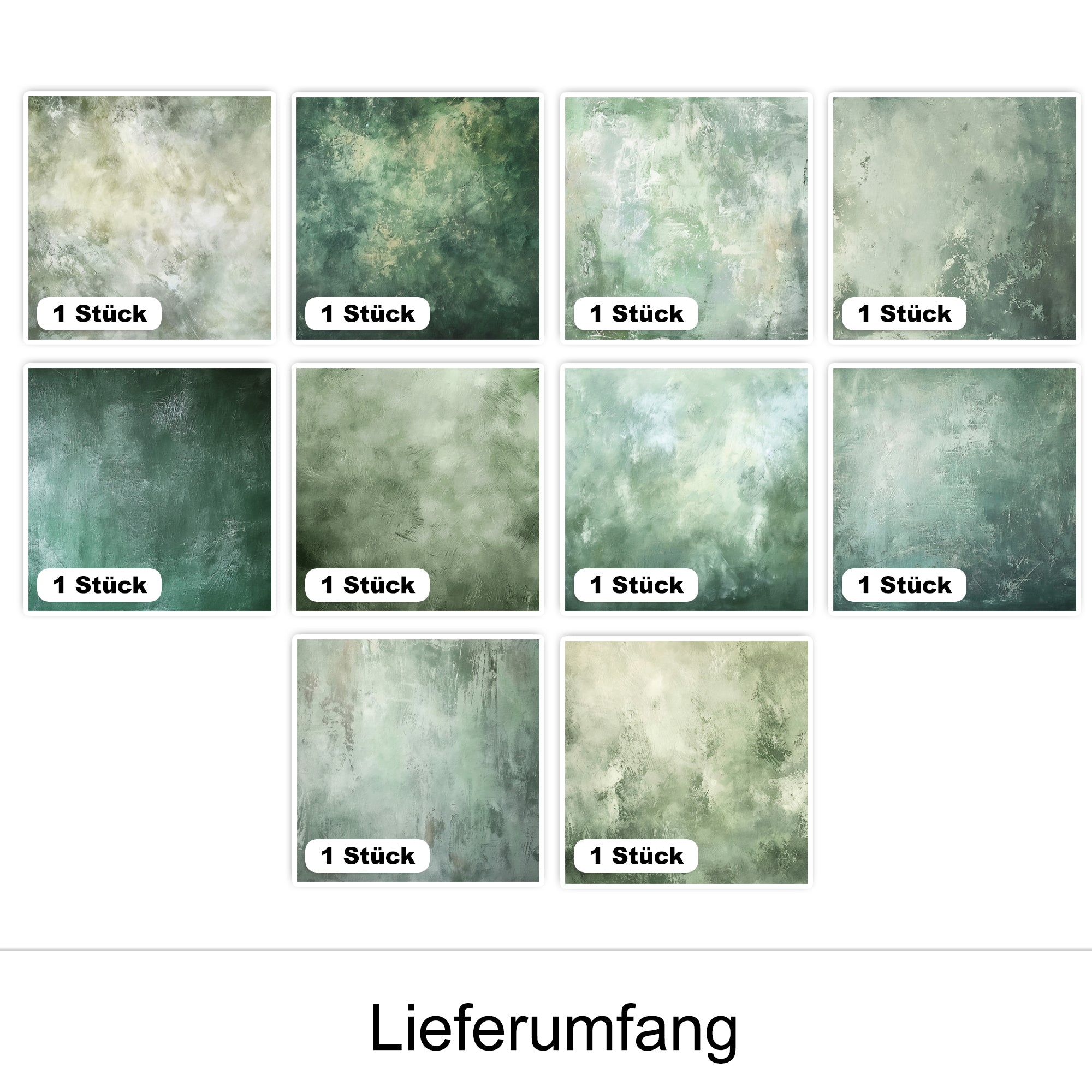 Zehn grüne, strukturierte Hintergründe in verschiedenen Farbtönen.