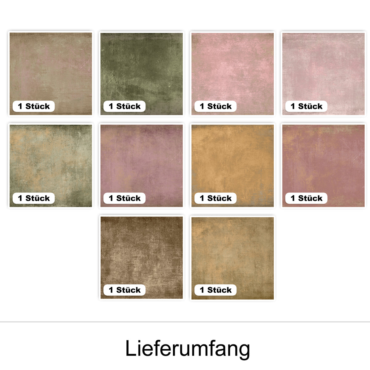 Zehn verschiedene Farbvarianten von Textur-Papier.