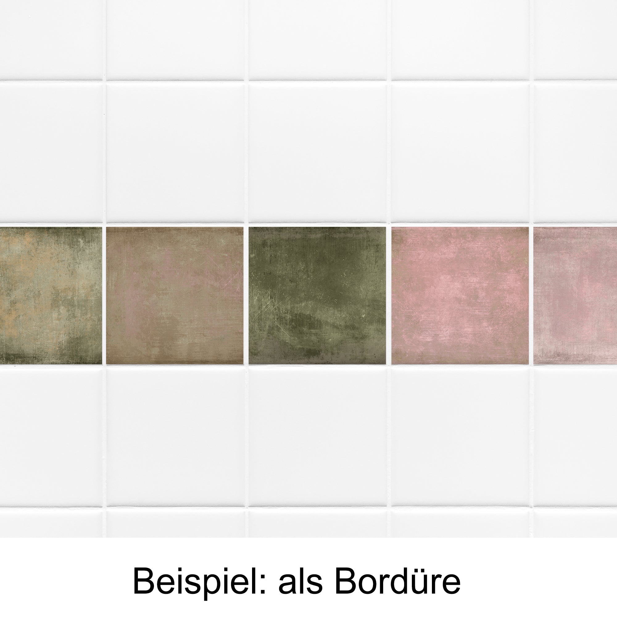 Bunte Fliesenbordüre in Grün, Rosa und Beige.