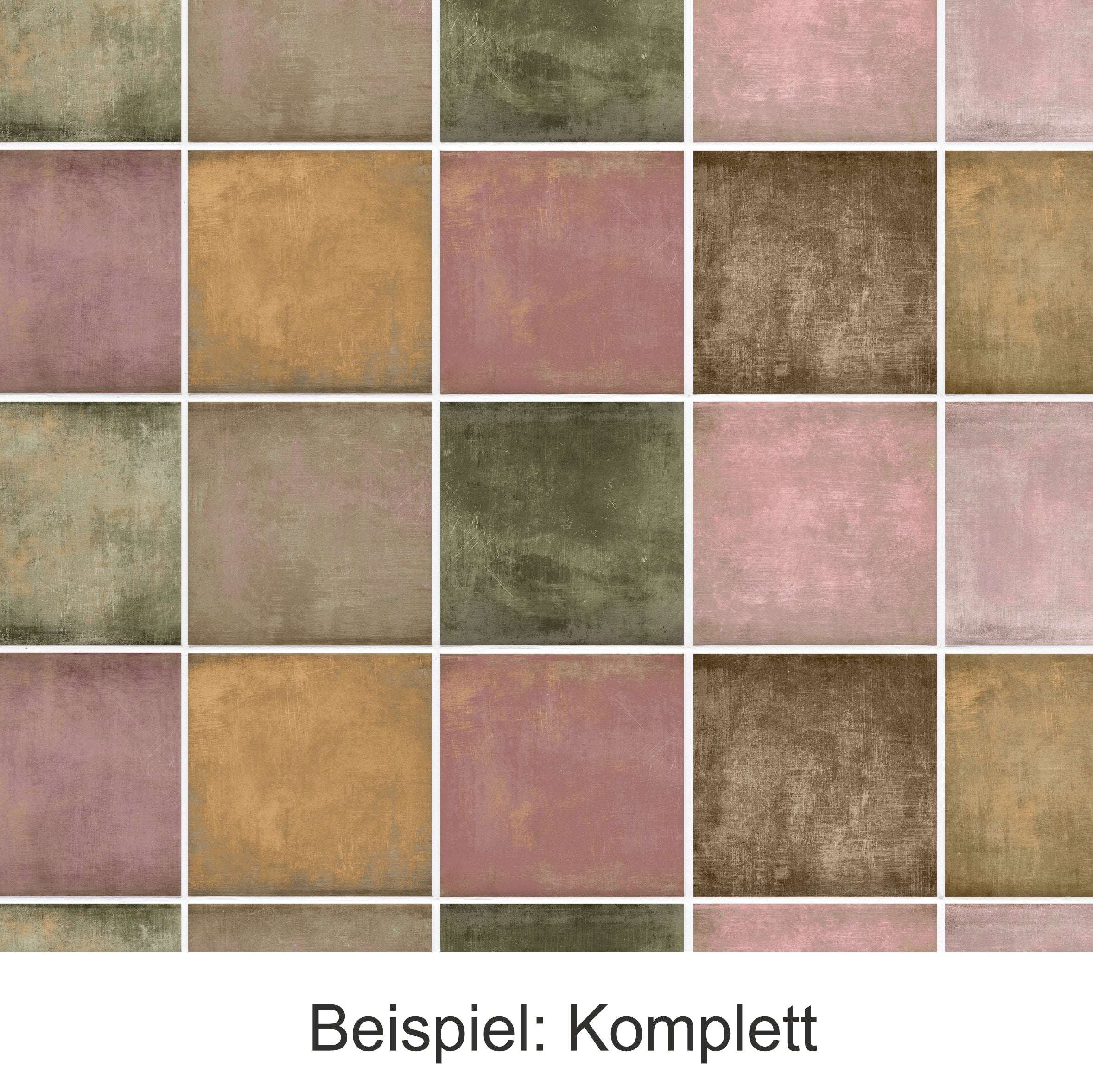 Farbenfrohes Mosaik aus quadratischen Mustern in Erdtönen.