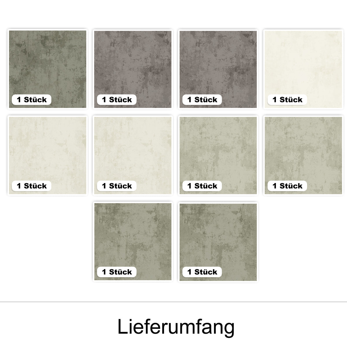 Farbmuster in Grau- und Beigetönen, 10 Stück.
