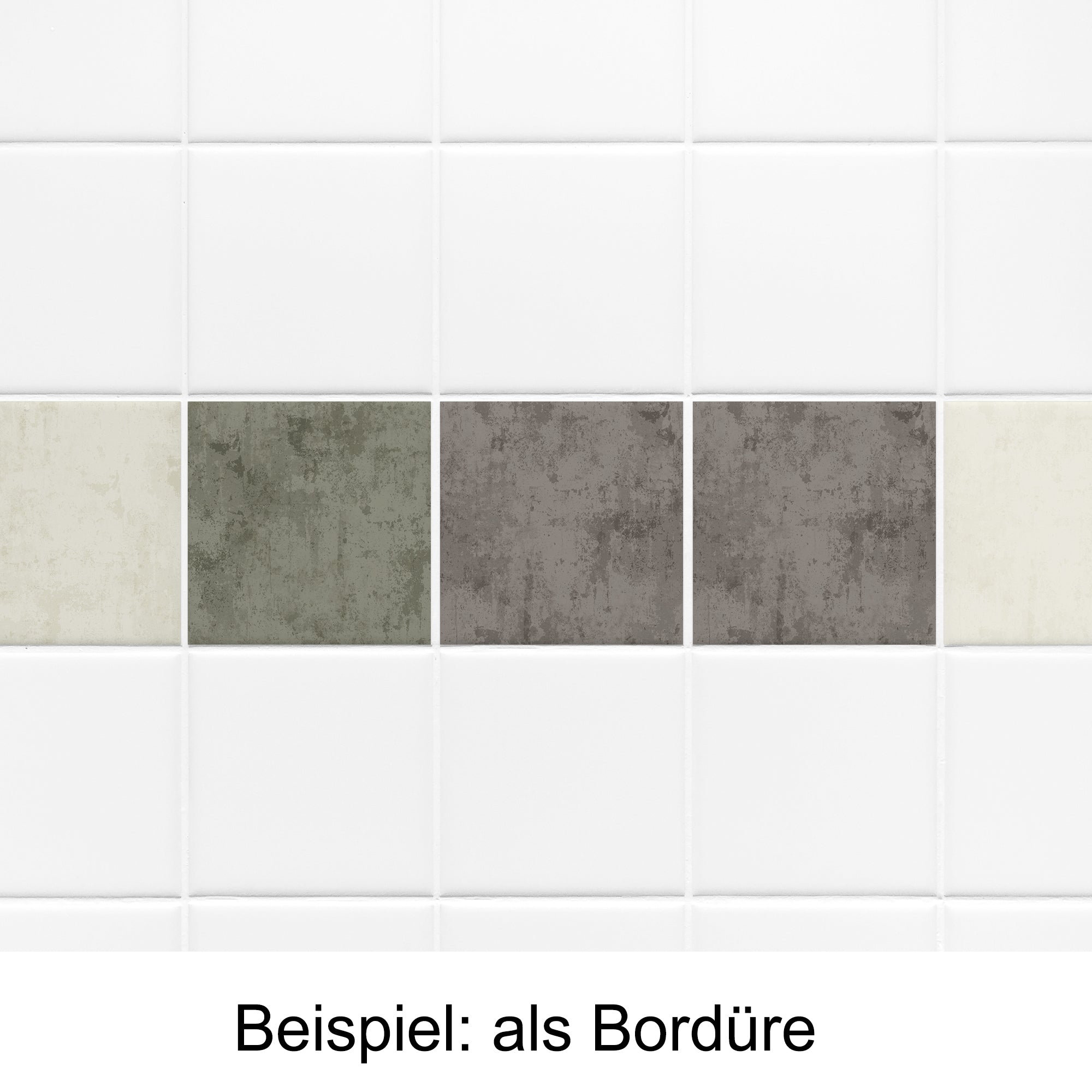 Fliesenbordüre in Grau-, Grün- und Beigetönen.