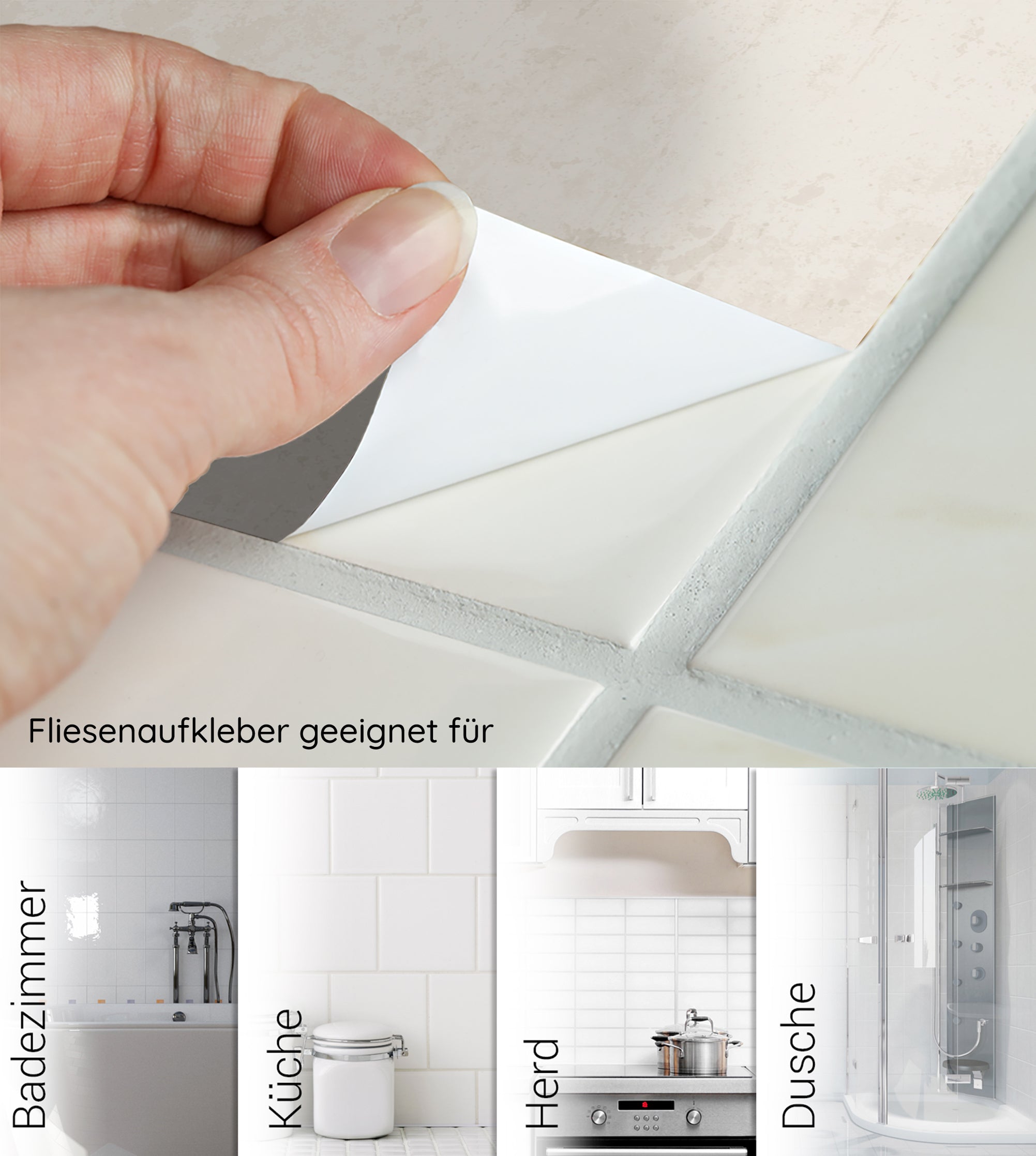 Fliesenaufkleber in Weiß, geeignet für Badezimmer und Küche.