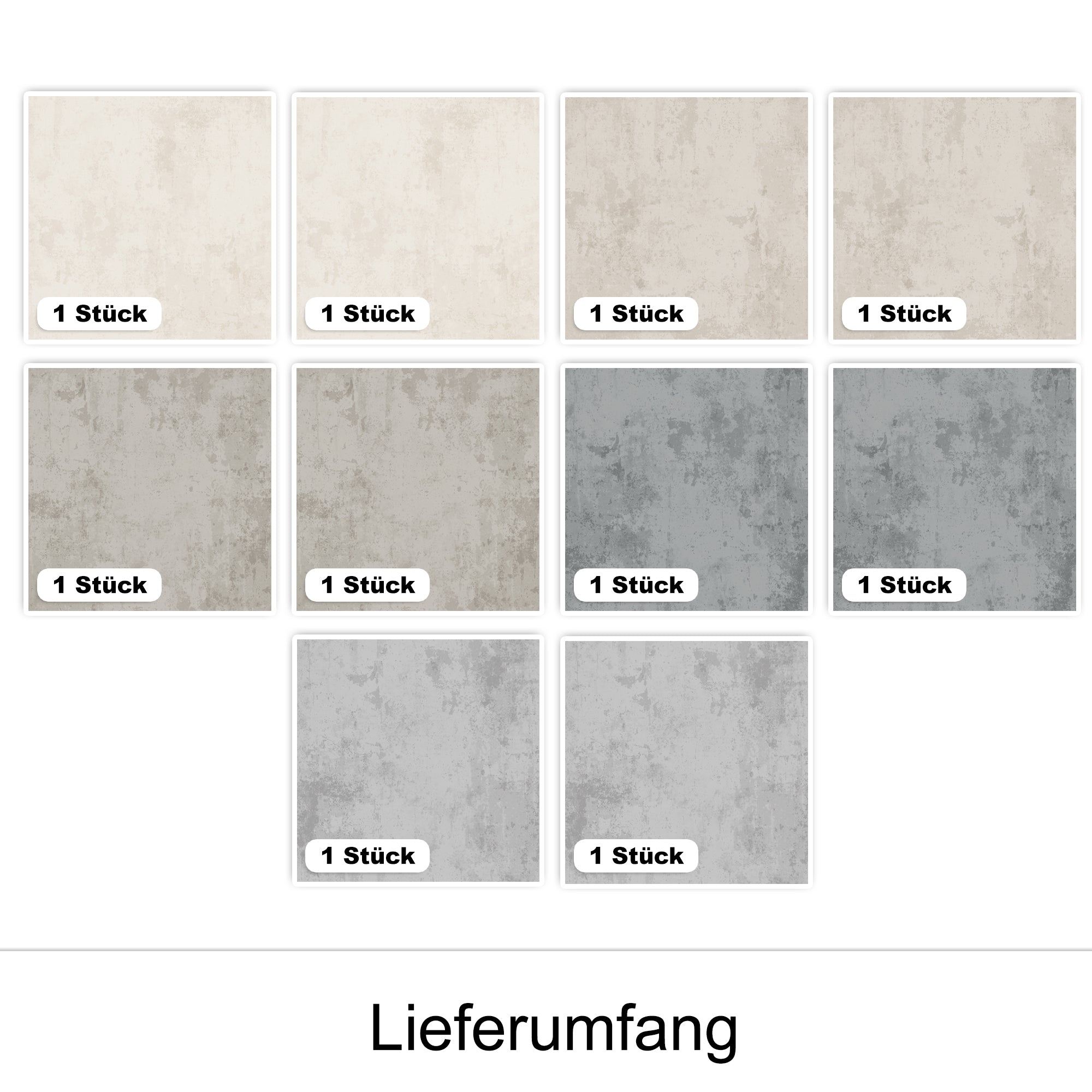 Farbmuster in Beige, Grau und Anthrazit, 10 Stück.