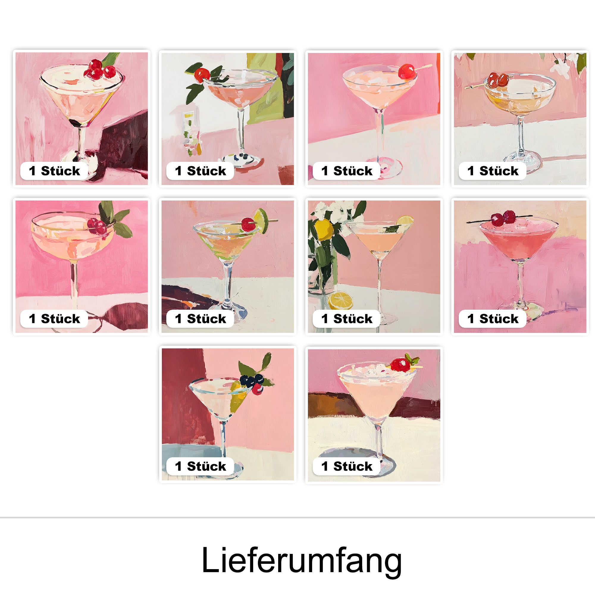 Bunte Cocktails in verschiedenen Gläsern, fruchtige Dekoration.