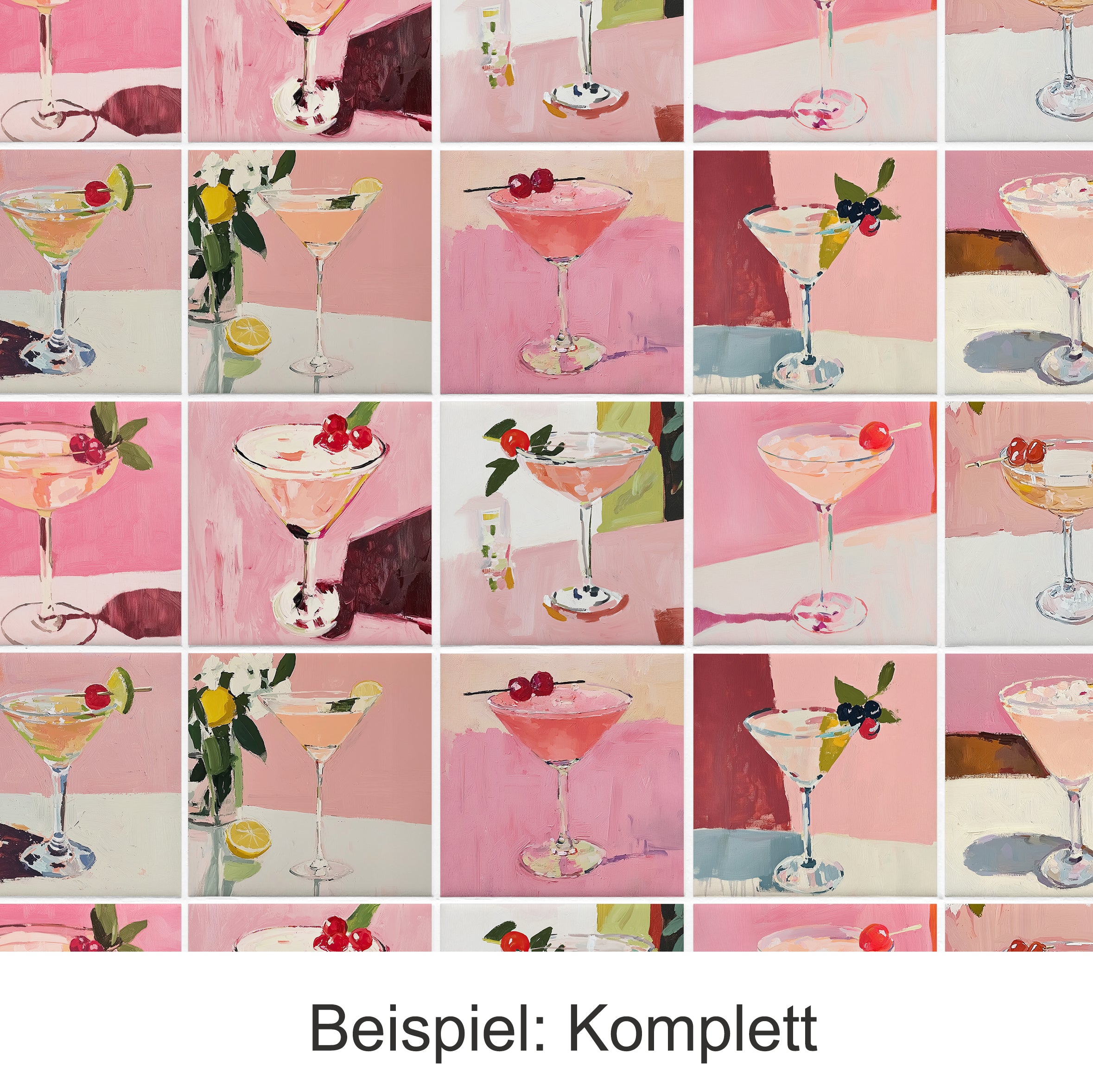 Cocktails in verschiedenen Gläsern, pinke und grüne Farben.