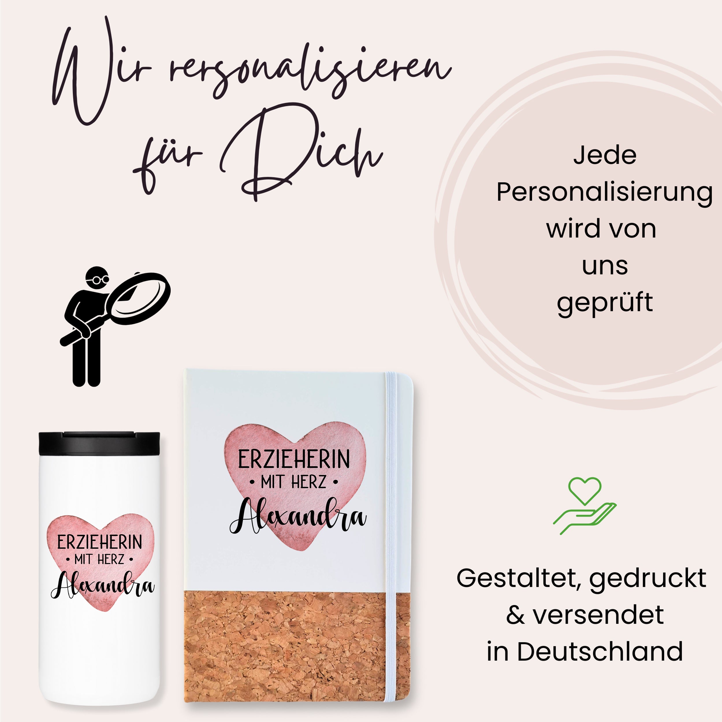 Personalisierte Tasse und Notizbuch mit Herzmotiv, rosa und beige.