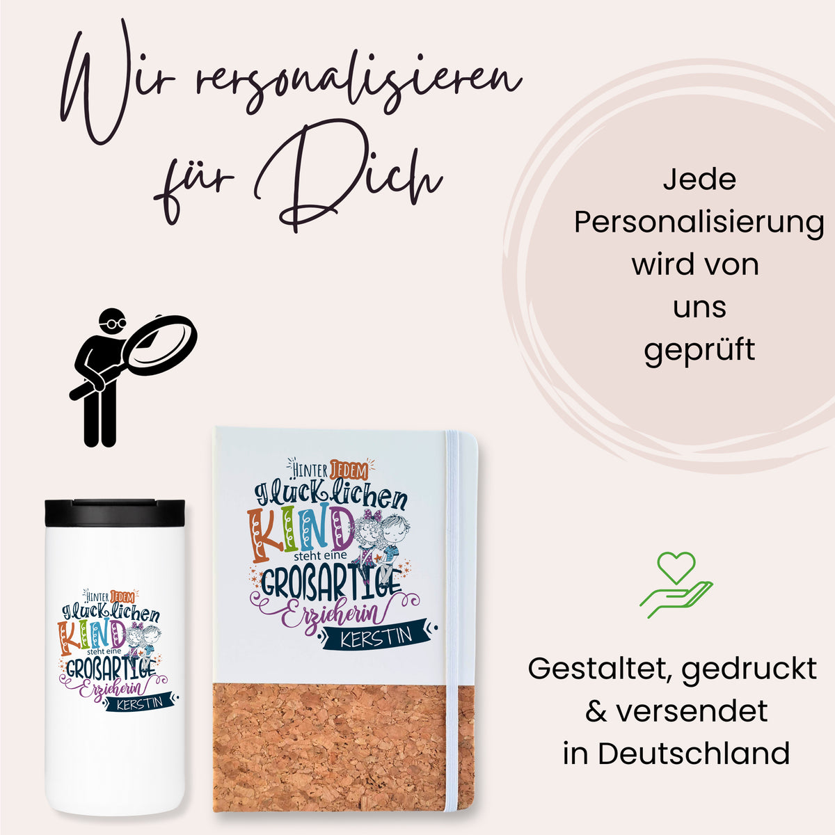 Personalisierte Tasse und Notizbuch in Weiß und Kork.