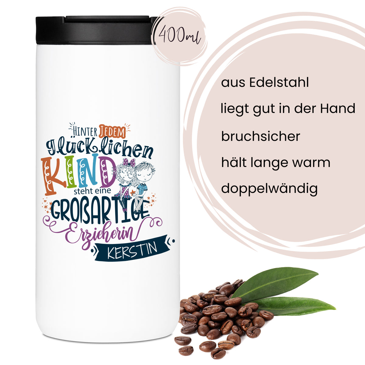 Edelstahl-Thermobecher, weiß, 400ml, mit buntem Aufdruck.