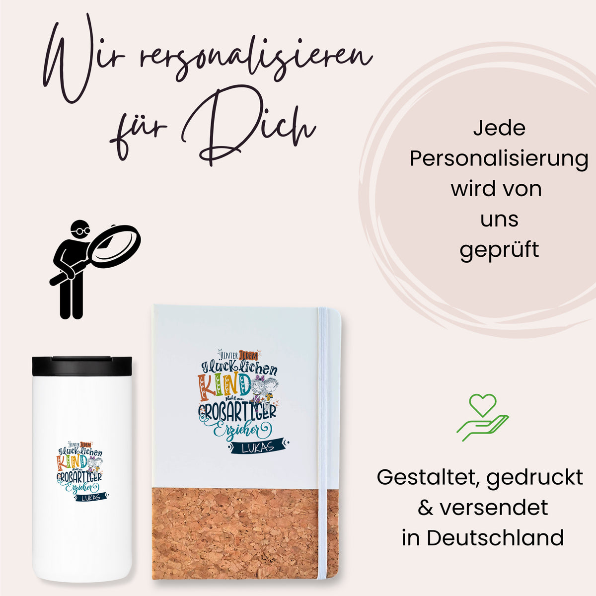 Personalisierte Tasse und Notizbuch in Weiß und Kork.