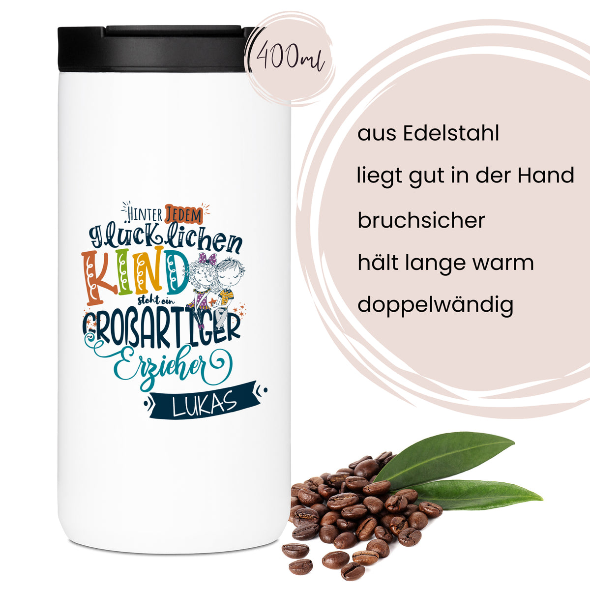 Edelstahl-Thermobecher, weiß mit buntem Aufdruck, 400ml.