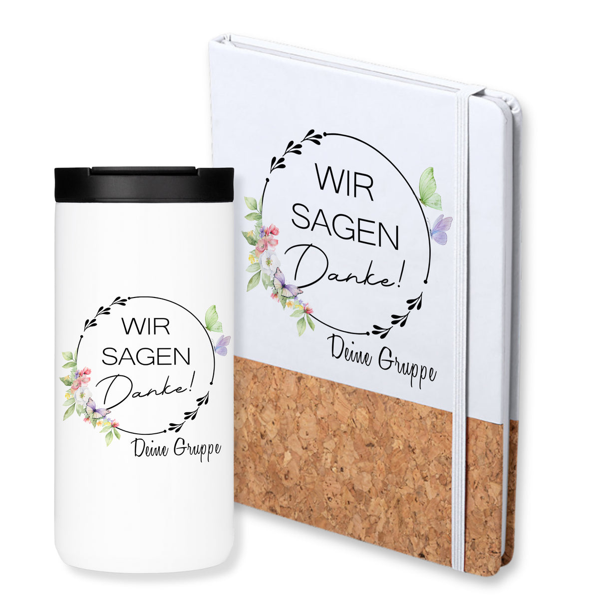 Weißer Thermobecher und Notizbuch mit floralem Design.
