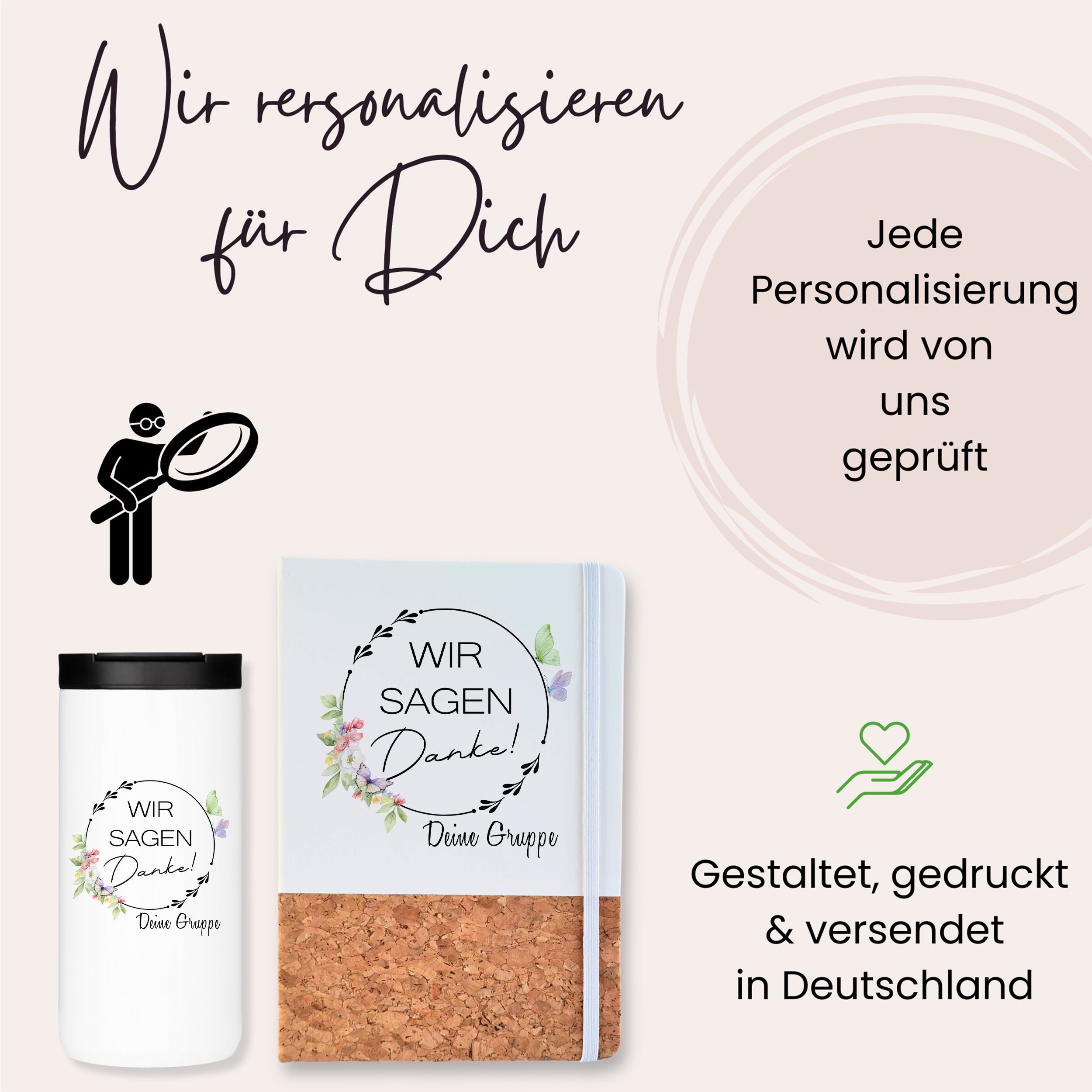Personalisierte Trinkflasche und Notizbuch in Weiß und Kork.