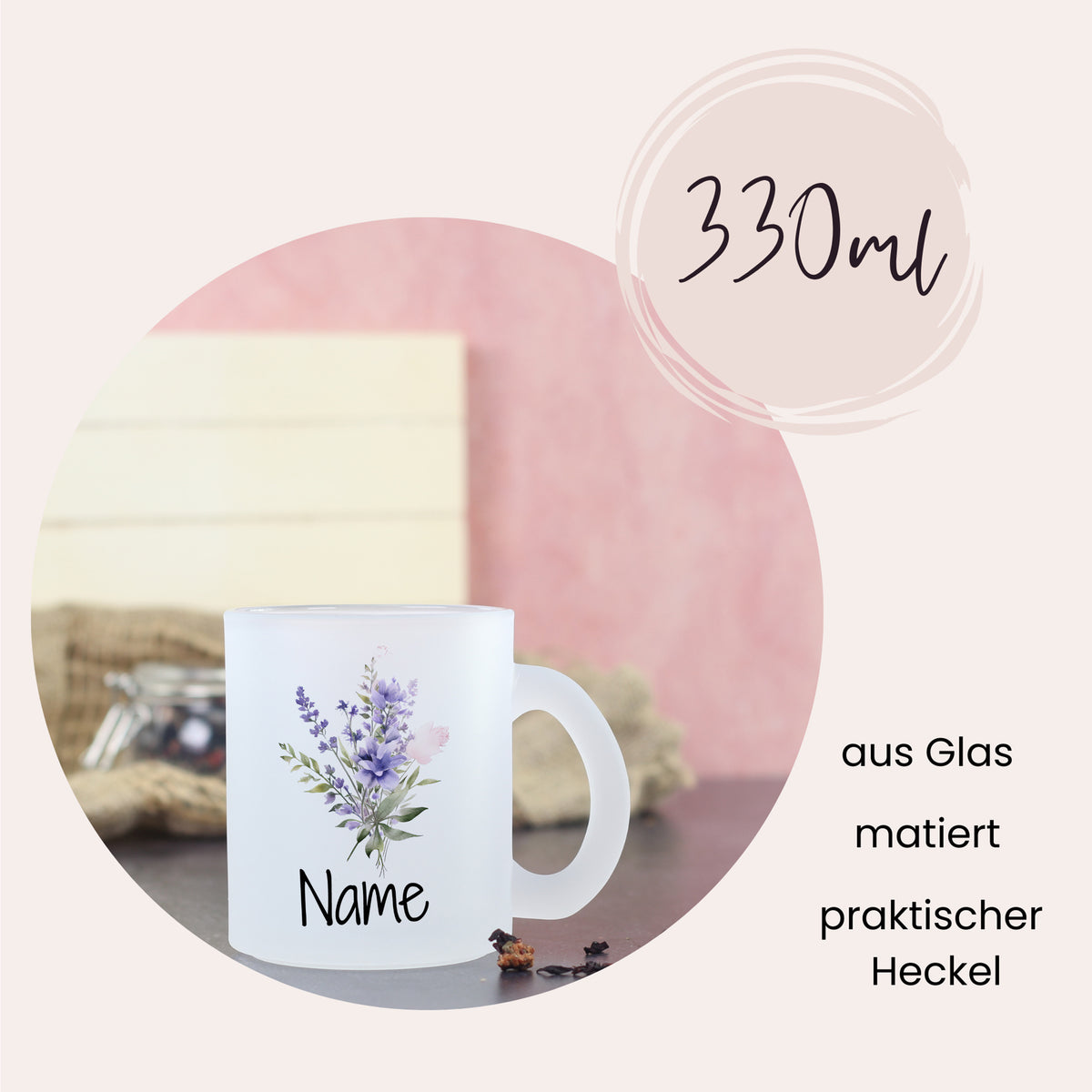 Glasbecher mit floralem Design, 330ml, matierter Oberfläche.