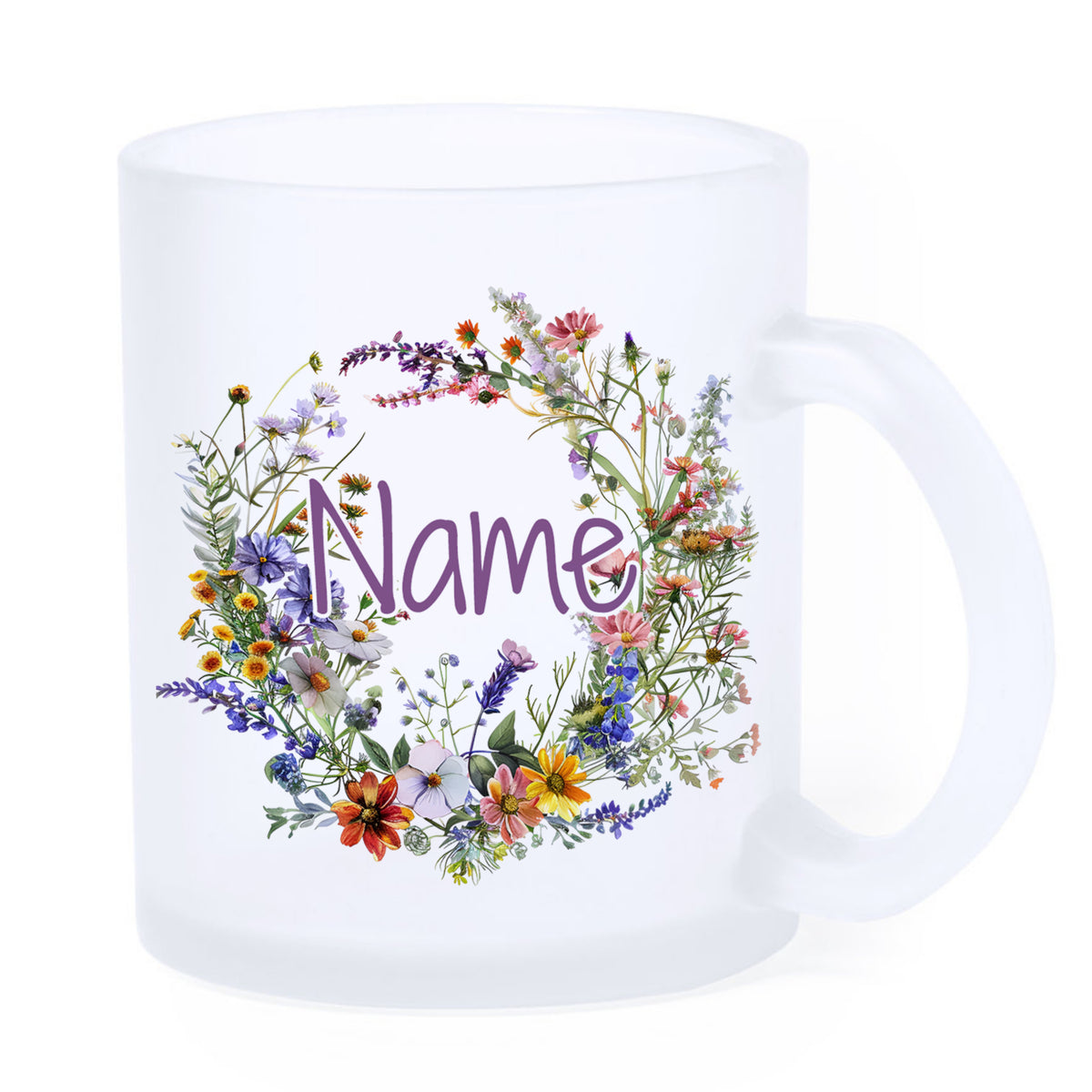 Frosted Glasbecher mit buntem Blumenkranz und Name.