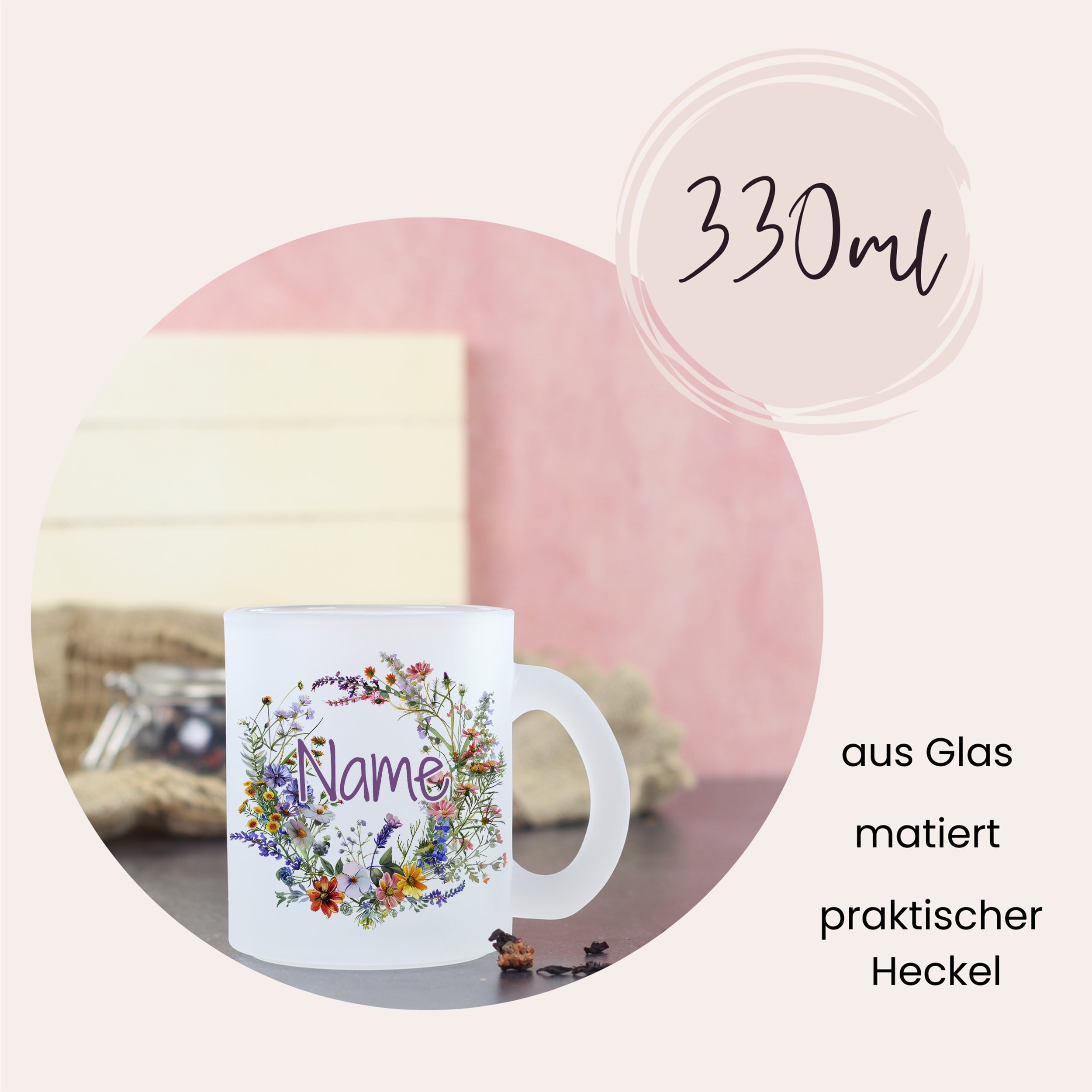 Glasbecher mit floralem Design und personalisierbarem Namen, 330ml.