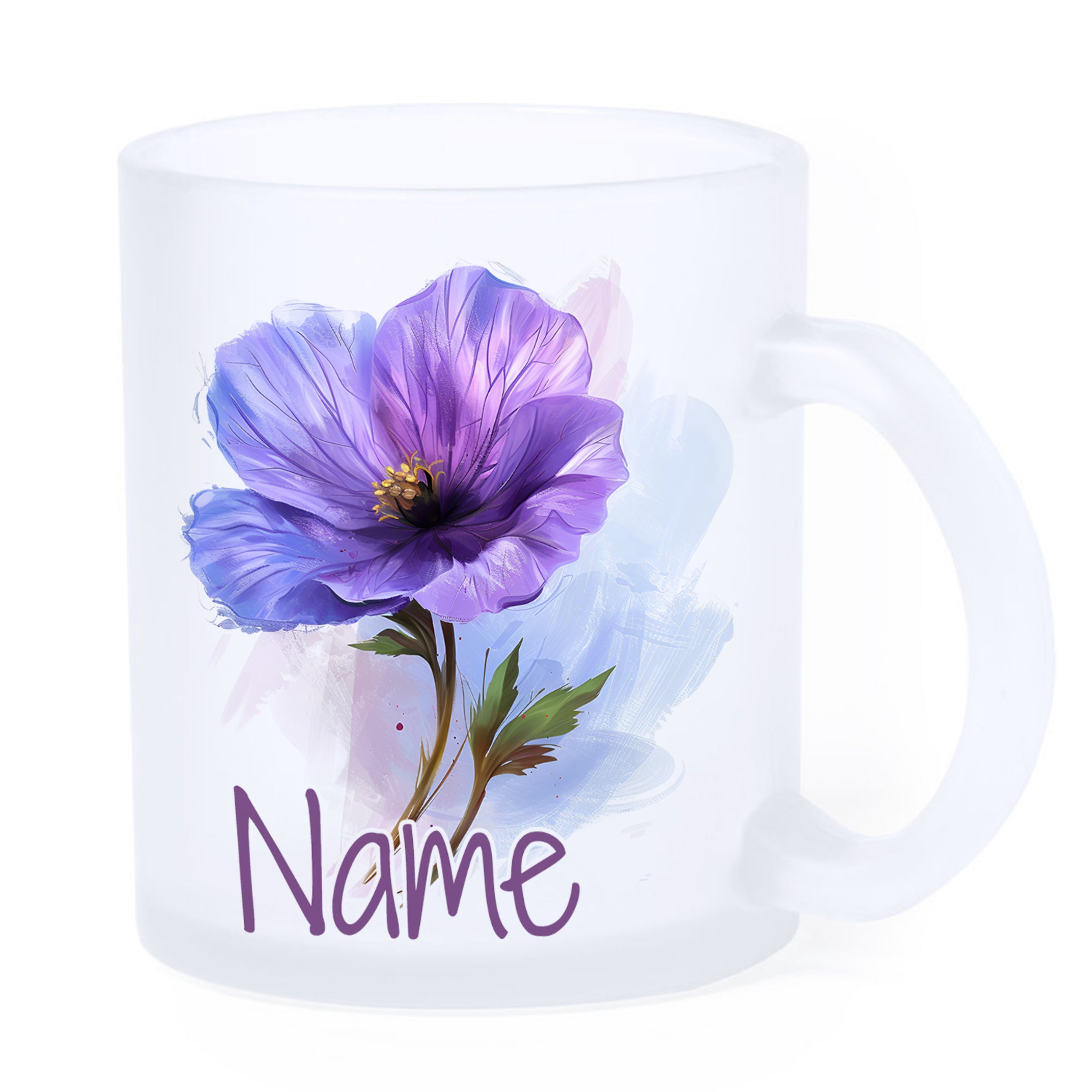 Frosted Tasse mit lila Blume und personalisierbarem Namen.
