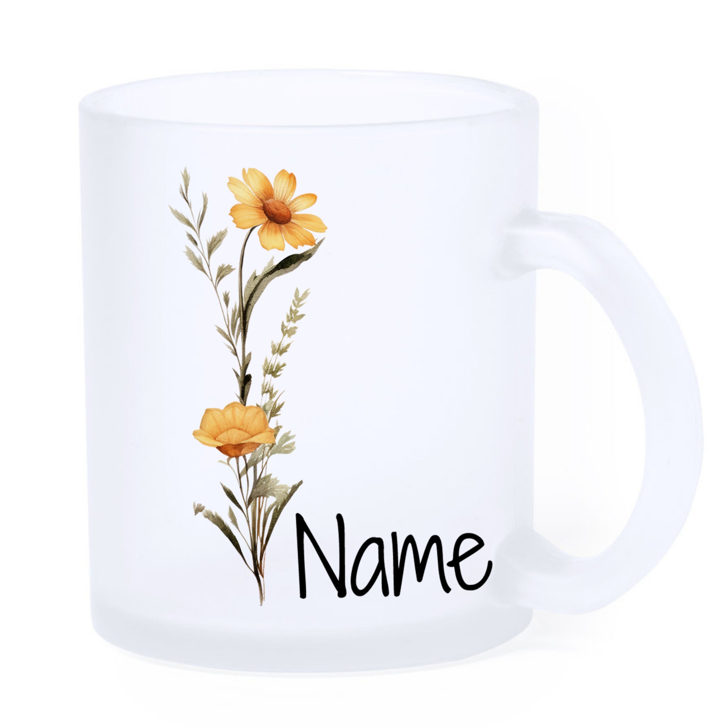 Frosted Becher mit gelben Blumen und Name.