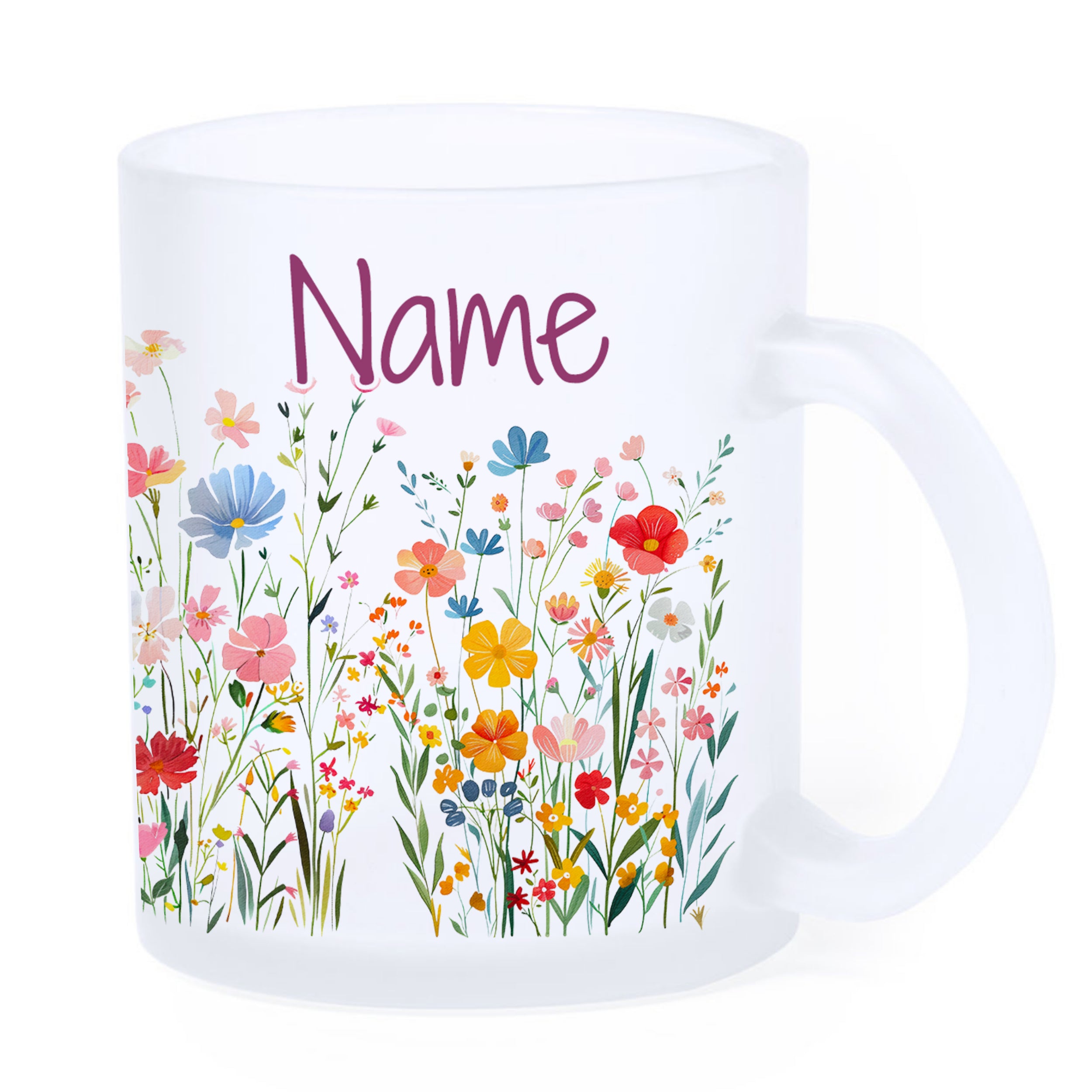 Kaffeetasse mit bunten Blumen und personalisiertem Namen