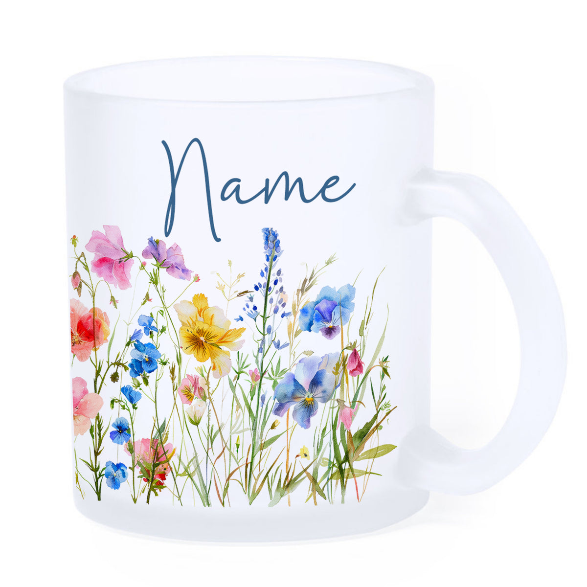 Frosted Becher mit bunten Blumen und personalisiertem Namen.