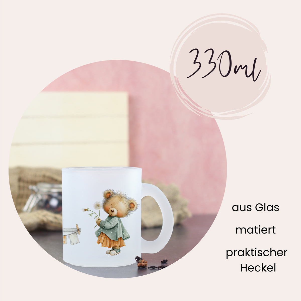 Glasbecher mit Bärenmotiv, 330 ml, matierter Heckel.
